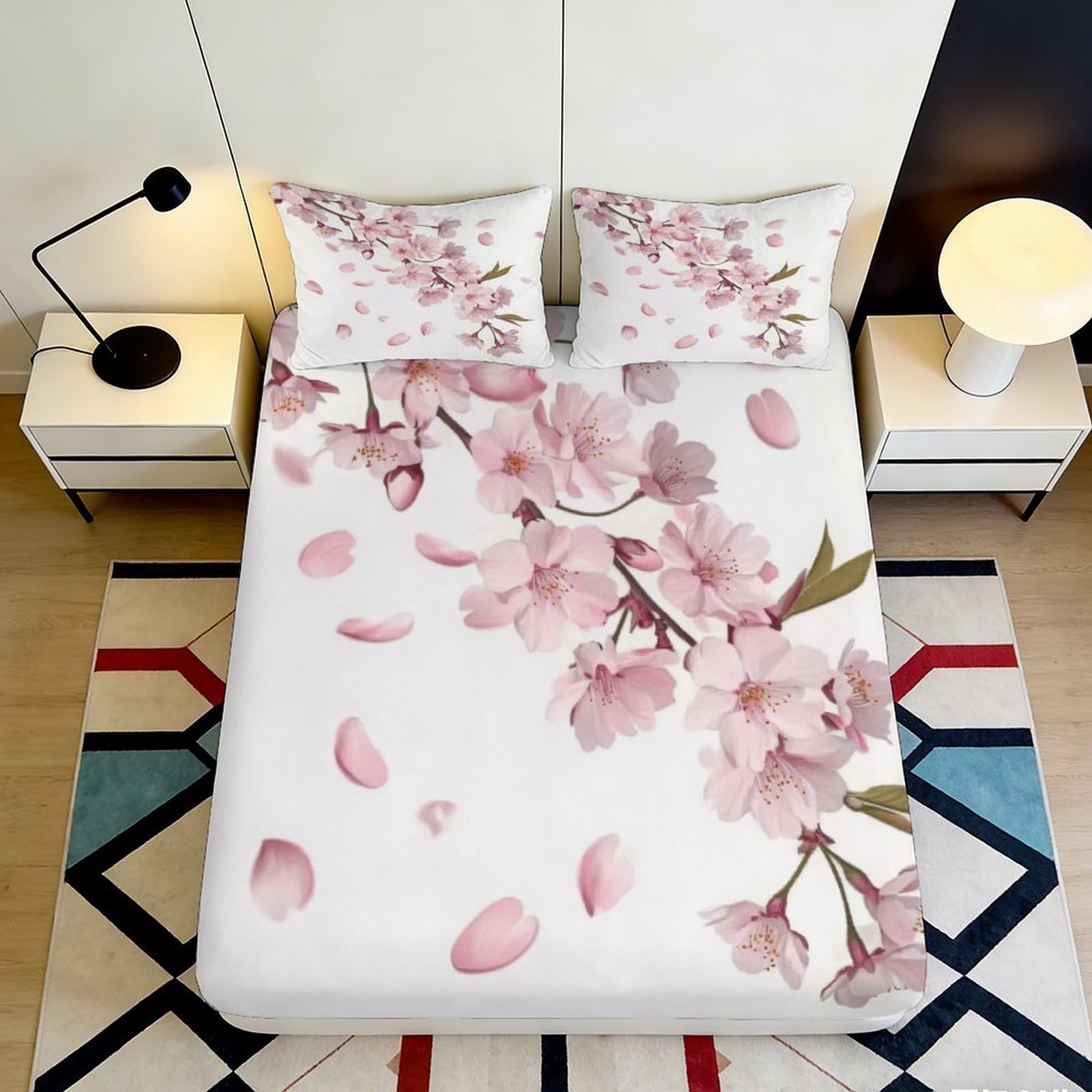 Pnayamiorkfel Style-6 3D Printed Cherry Blossom Fitted Sheet Microfiber Soft Pink Floral Bed Cover Anti-Slip For Bedroom Guest Dorm 90X200x25cm