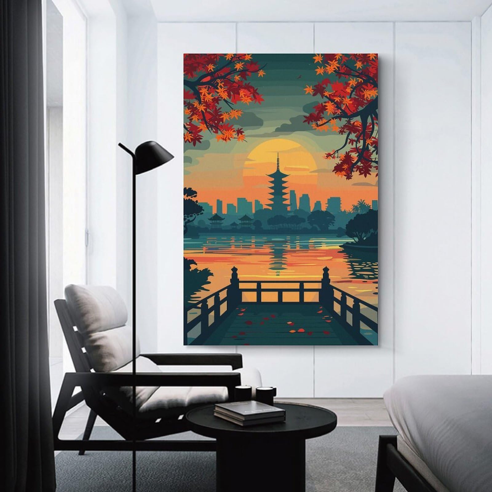 Junmoney Room Decor Wall Art Japanese Pagoda Sunset Landscape Illustration, 12x18inch(30x45cm), for Wall Displays, Bedrooms Or Room Updates, An Easy Match for Collected Prints