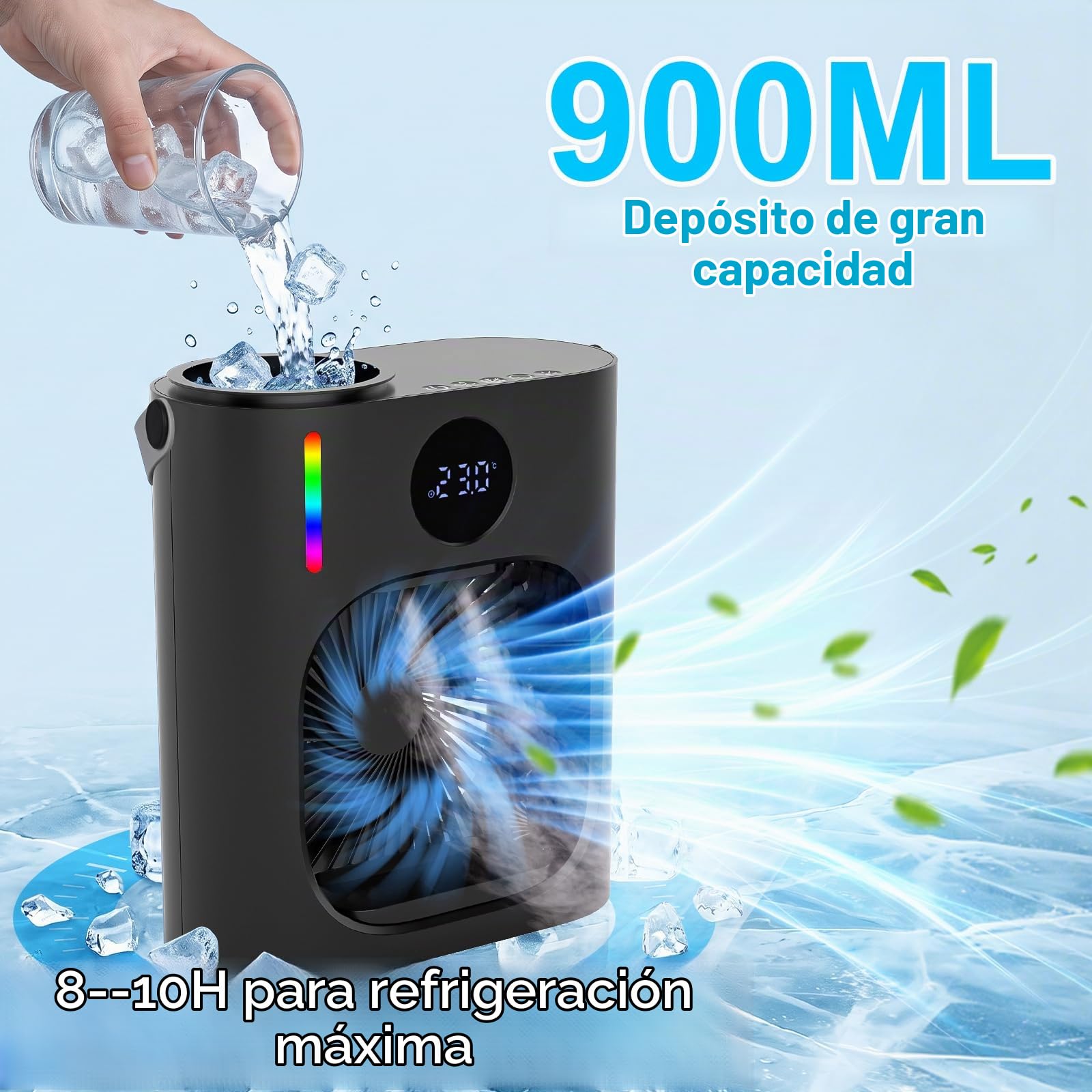 Aire Acondicionado Portatil, GuKKK 4 en 1 Mini Refrigerador de Aire Móvil Ventilador, 900ML Enfriador de Aire, USB Mini Aire Acondicionado, 3 Velocidades de Ventilador, para Hogar (Negro)