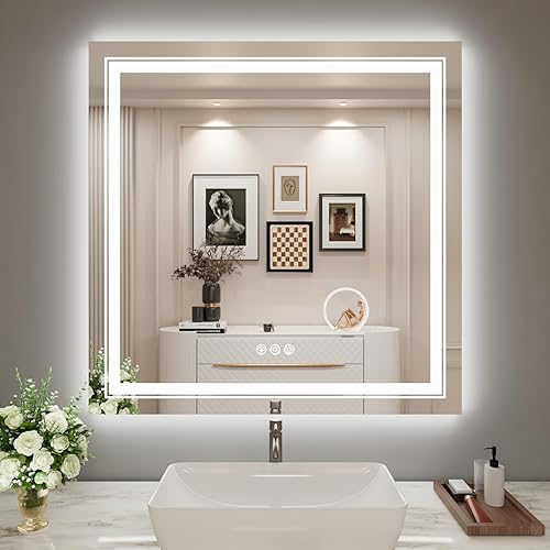 Miniatura 223 de Espejo LED de baño, 36 x 36 pulgadas con luz frontal y retroiluminada, antiniebla, espejo de tocador de baño para pared, función de memoria