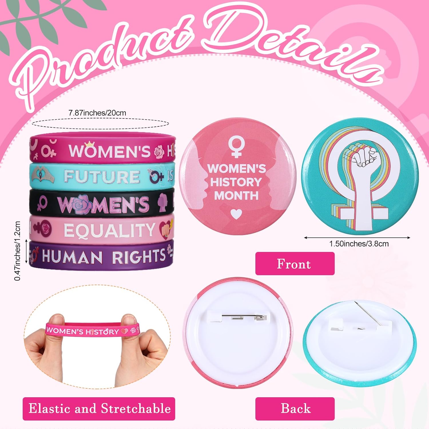 Cunno 200 Pcs Women's History Month Accessories Set Include Women Empowerment Feminist Silicone Bracelet Pens Pins Gift Bags for Campaign Support Female Awareness Inspirational Party Decor supplies