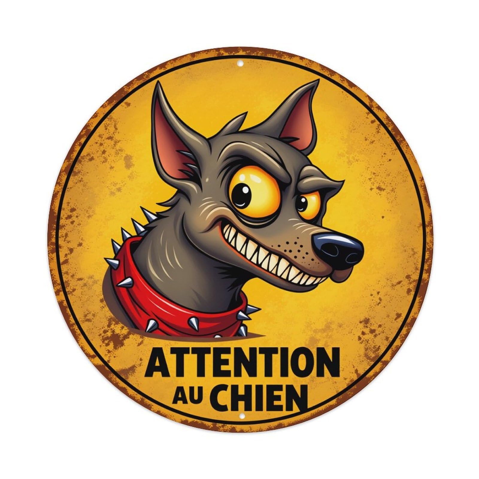 Cartoon Dog With Spiked Collar And Warning Text Round Vintage Tin Sign,Retro Wall Art,Metal Poster for Home, Bar, Garage, Cafe, Rustic Indoor & Outdoor Decor, 8x8 Inches