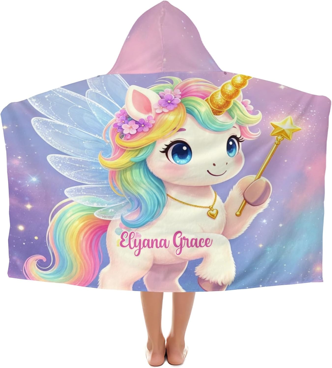 Personalized Cute Unicorn Watercolor Customed Beach Hooded Towel with Name for Kids Boy Girl,Absorbent and Soft Cape for Beach Pool Swimming