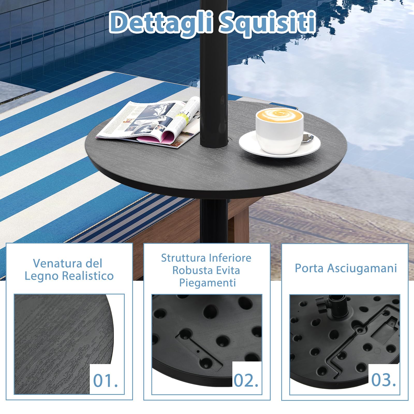 COSTWAY Vassoio per Ombrellone, Tavolino Portatile Leggero da 50 cm, Tavolino Rotondo con Foro per Ombrellone da 38mm/48mm, Effetto Legno Finto, per Cortile, Piscina, Spiaggia