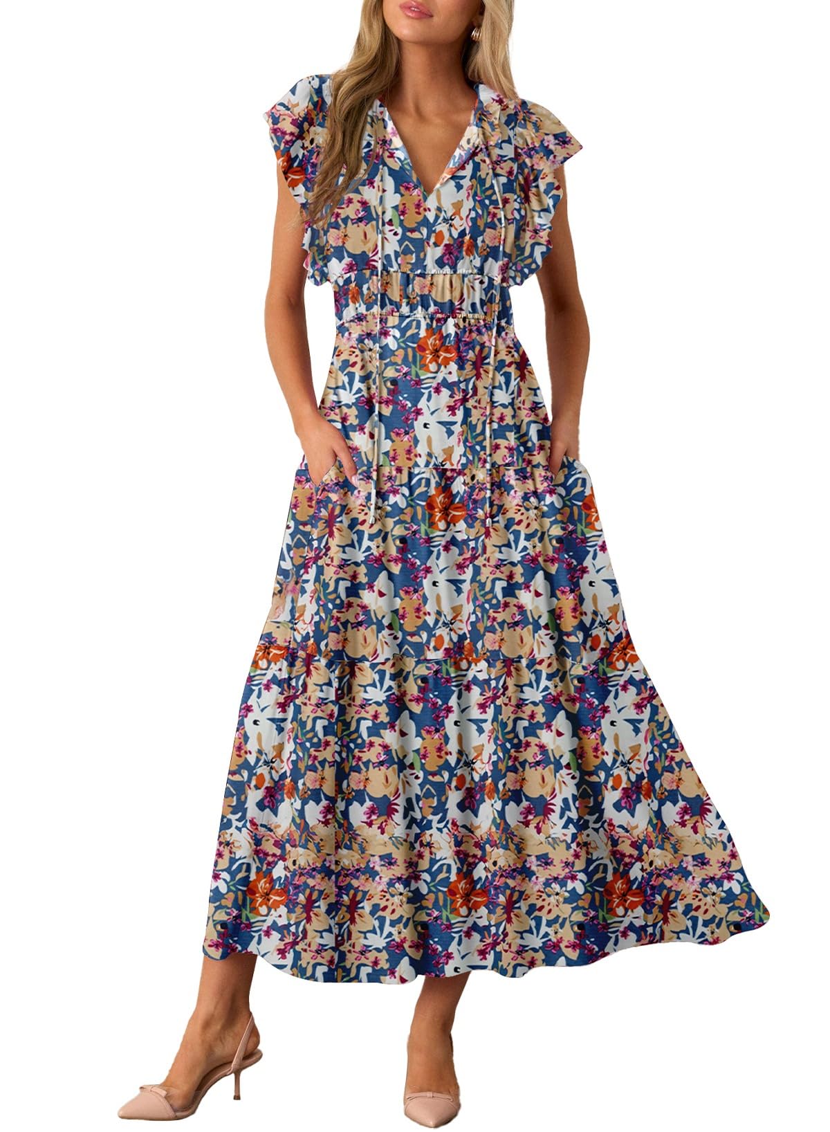 BLENCOT Womens Cotton Floral Maxi Dresses Casual Flowy Boho Dresses Summer Ruffle Short Sleeve V Neck Dress with Pockets