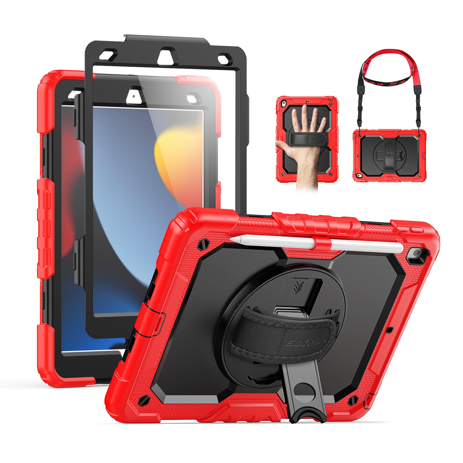 SEYMAC for iPad 9th/8th/7th Generation Case 10.2" 2021-2019, Full-Body Shockproof Heavy Duty Protective Case with Screen Protector, 360° Rotating Stand/Handle/Shoulder Strap for iPad 10.2 Inch, Red