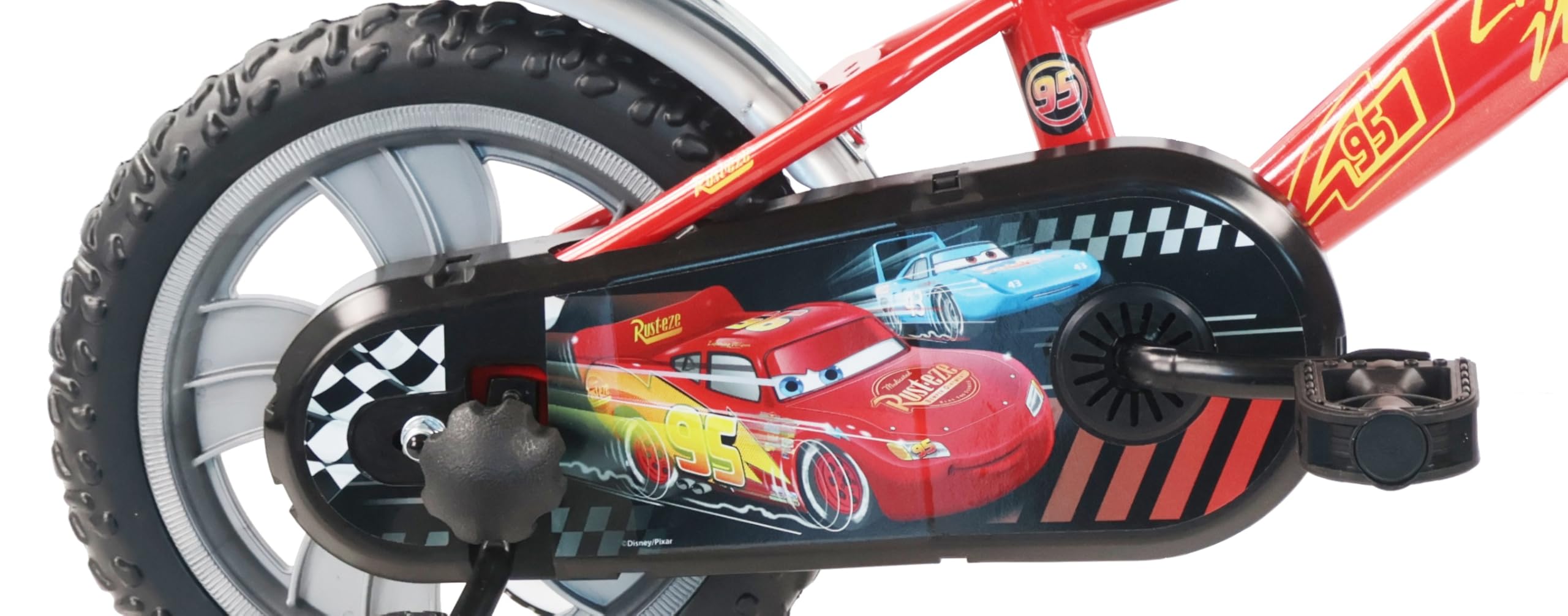 Vélo 12" Cars de Disney - 1 Frein - Pignon Fixe - Pneus Increvables EVA - Roues Bâtons - Plaque Avant décorative - 2 Stabilisateurs - Garde Boue - Carter de Protection - Porte Bidon et Bidon arrière