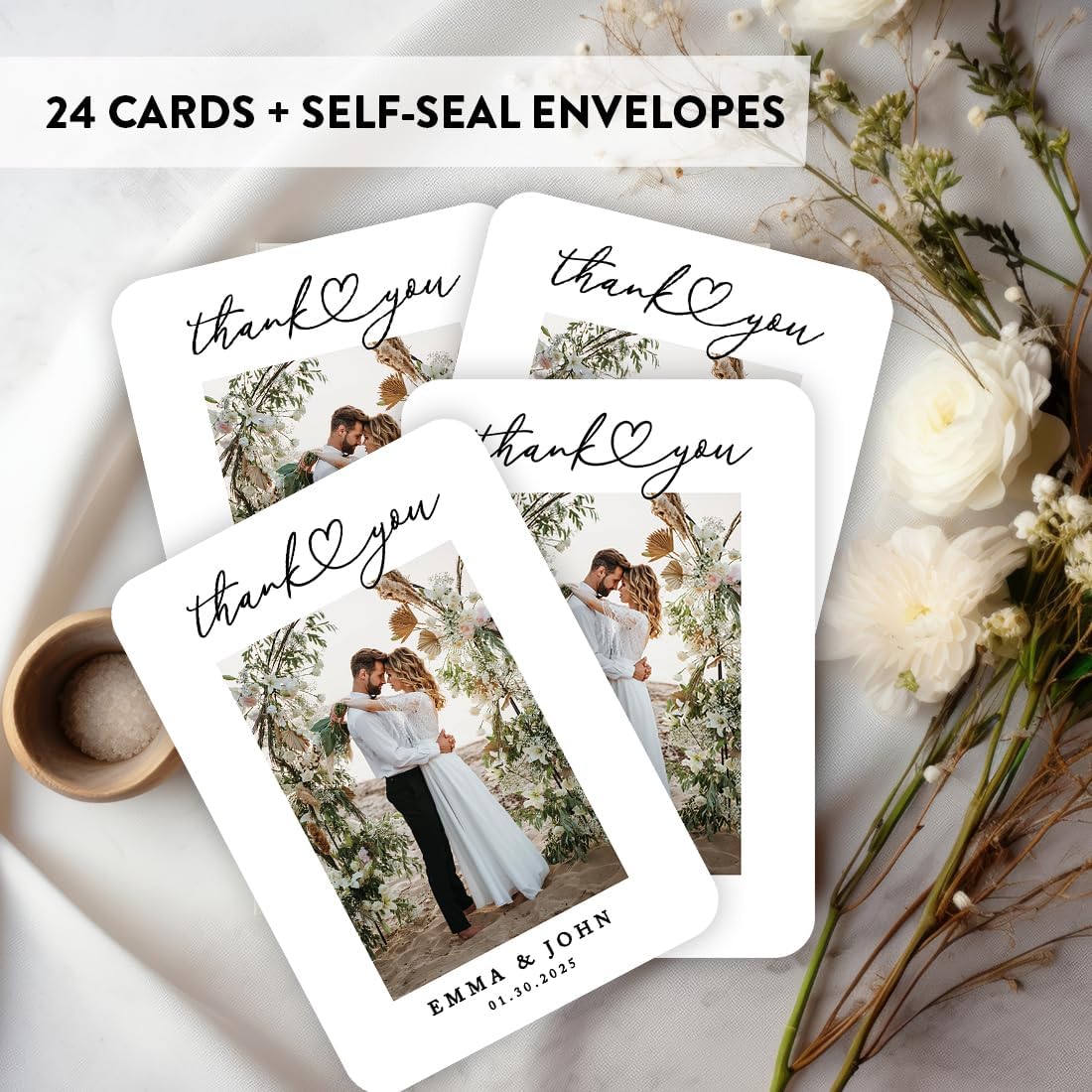 Andaz Press Personalized 5x7-Inch Photo Wedding Thank You Cards with Envelopes, Wedding Thank You Card with Message, Cursive Heart Custom Photo, Name, and Date, Modern Wedding Thank You Notes, 24-Pack