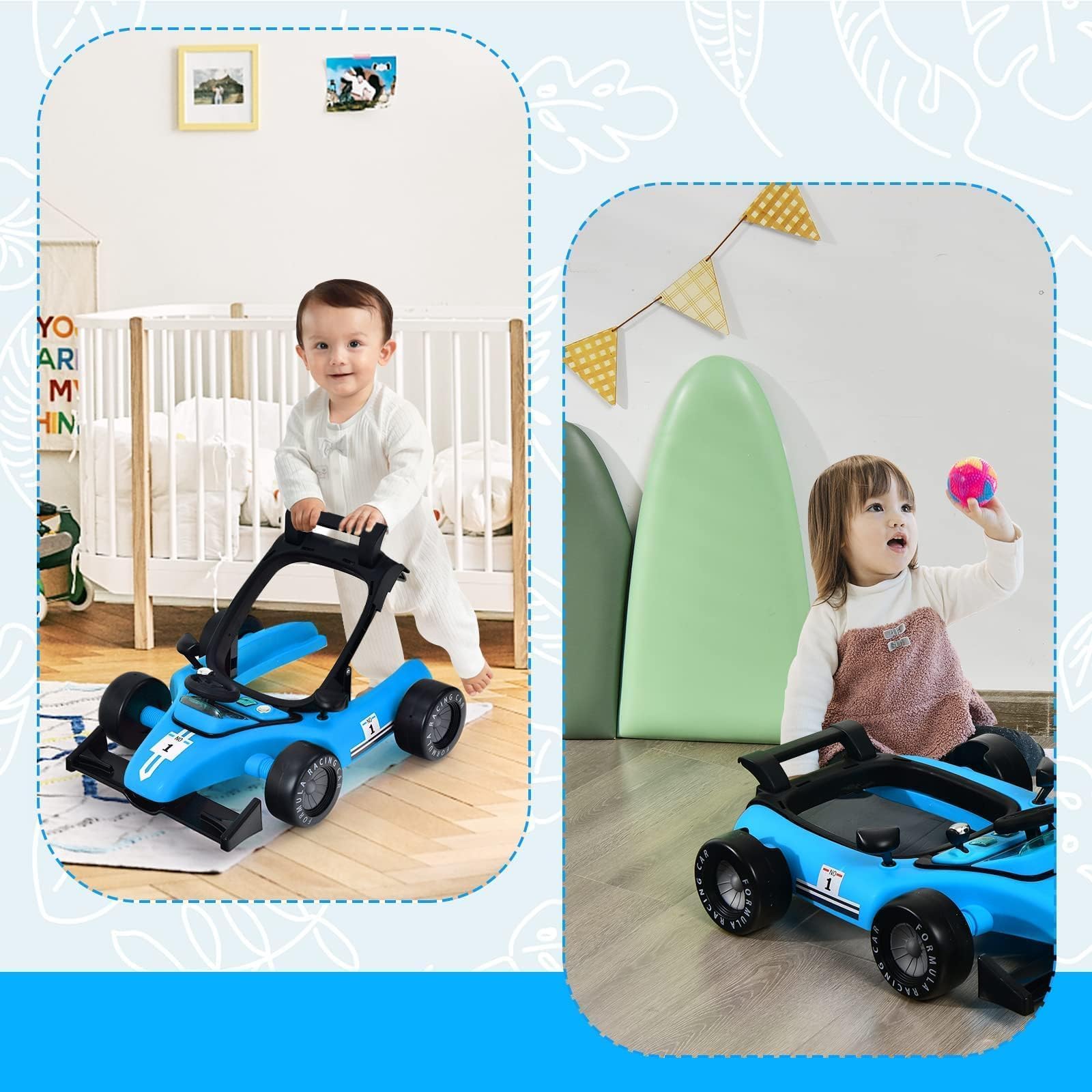 COSTWAY 4 in 1 Lauflernhilfe, Lauflernwagen klappbar mit einstellbarer Höhe & Geschwindigkeit, Baby Walker Autoförmig mit Musikbox, Licht & Rädern, Gehfrei Baby ab 6 Monaten, 12kg Belastbar (Blau)