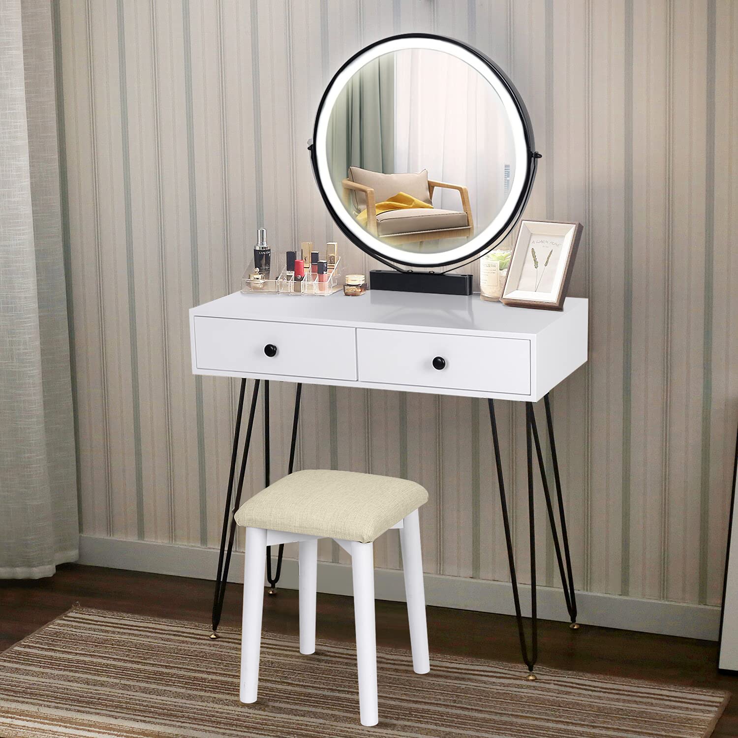 MORCOE Vanity Desk Set with Lighted Mirror,Touch Screen Dimming Lighted, Cushioned Stool, Dressing Table Vanity Makeup Table with 2 Drawers, Women Girls