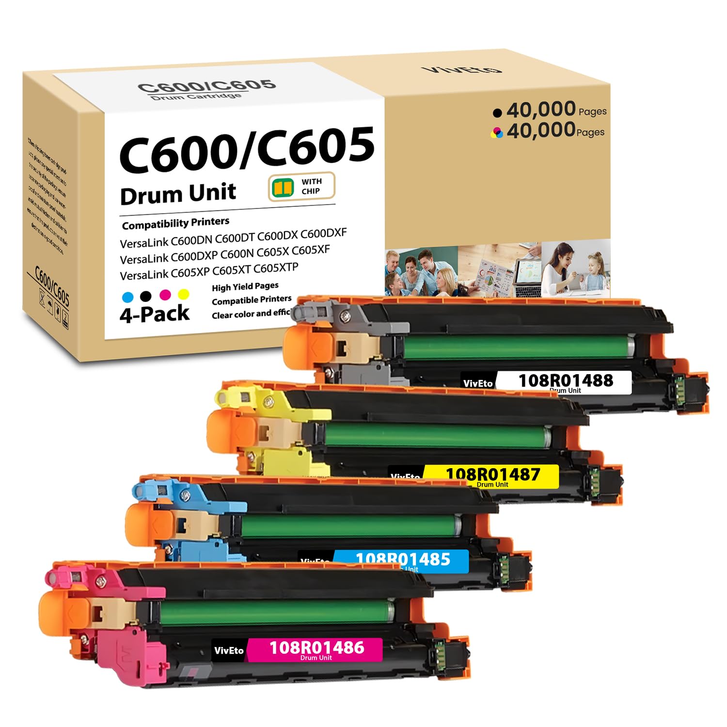 C600 C605 bęben o wysokiej wydajności kompatybilny z C600 C605 108R01488 108R01485 108R01486 108R01487 bęben do C600N C600DT C600DN C605DN C605S Drukarki C605X C605XL, 40 000 stron 4-pak (K/C/M/Y)