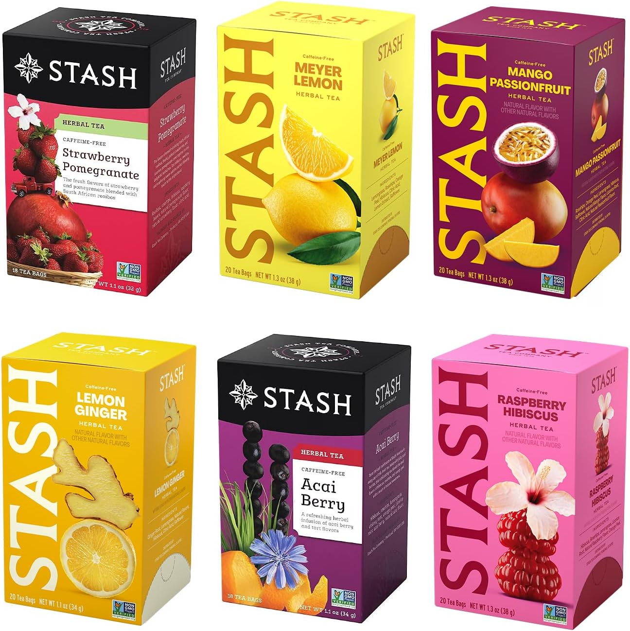 Stash Tea Fruity Herbal Tea 6 Flavor Tea Sampler, 6 boxes With 18-20 Tea Bags Each