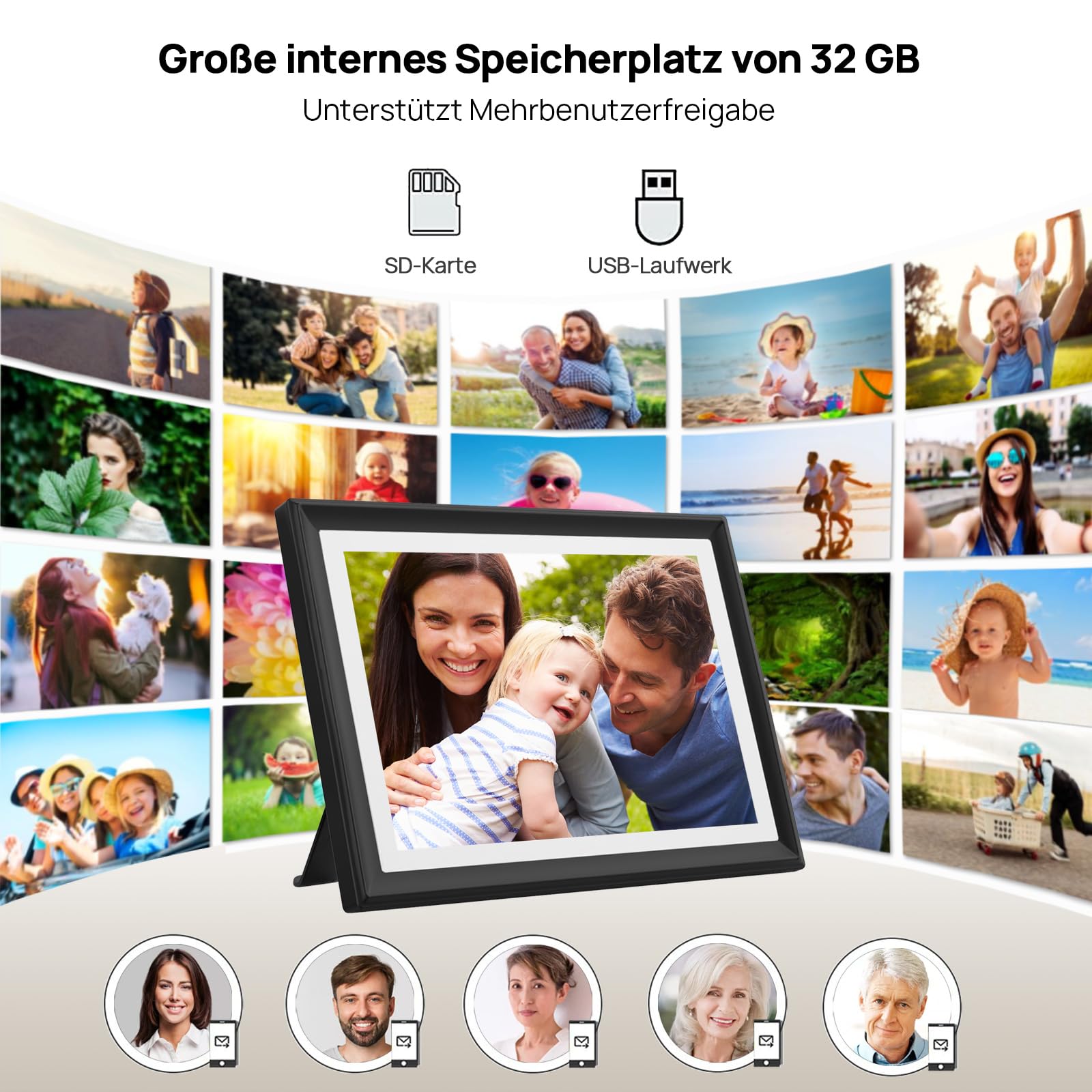Frameo Digitaler Bilderrahmen 10,1 Zoll WiFi 32 GB Speicher Touchscreen HD 1280x800 Auto-Rotation