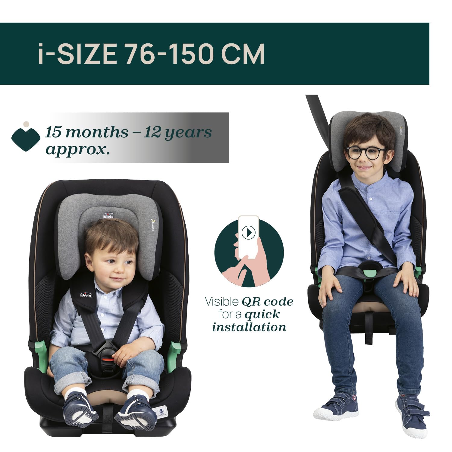 Chicco Seat&Go I-Size Fotelik samochodowy, z systemem Isofix, dla dzieci o wzroście od 76 do 150 cm, do użytku od 15 miesiąca, z dodatkowym wyściółką, w zestawie reduktor
