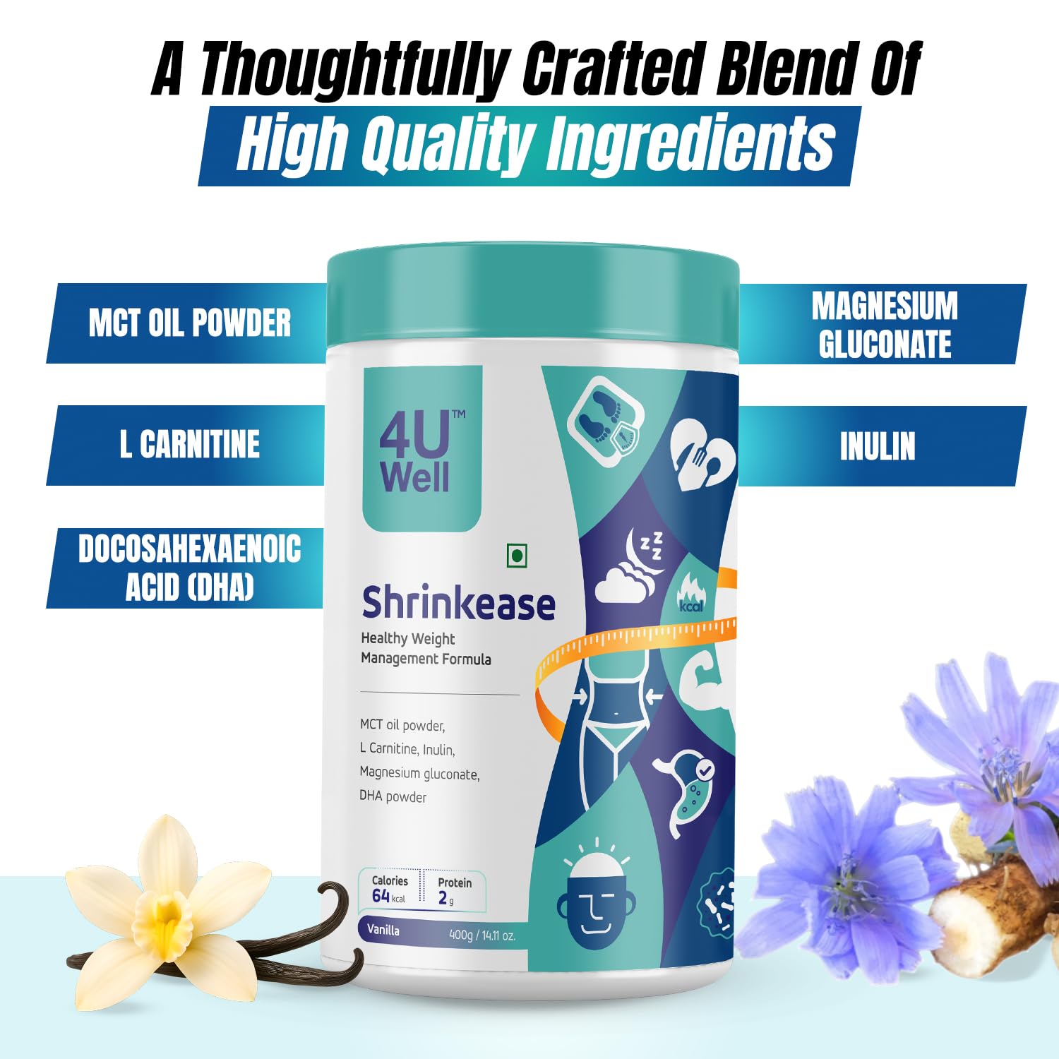 4UWell Shrinkease Weight Management Powder with Shaker, 400g | 7 Vitamins & Minerals | L-Carnitine & DHA | 30 Servings — Amazon image 4