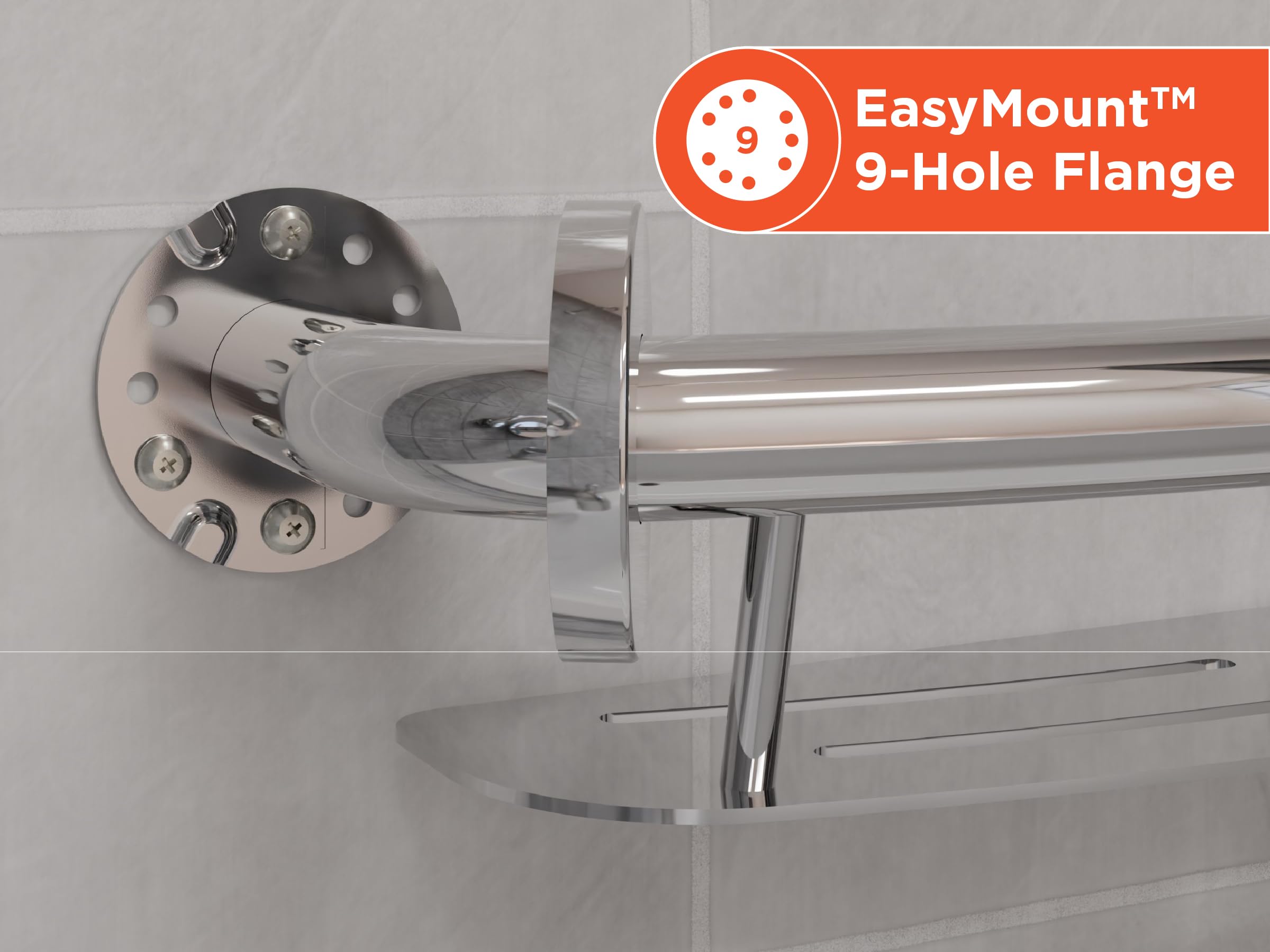 HEALTHCRAFT Plus - Estante para champú y barra de agarre de 24 pulgadas, seguridad ADA - cromo pulido | Estante de champú integrado, tornillos ocultos, no necesita estante separado
