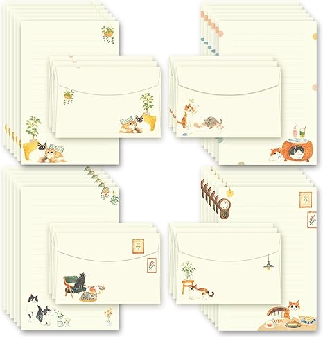 72 Pieces Cute Cat Writing Paper and Envelopes, 8.3x5.6 Inch Stationery Set, 48 Lined Sheets & 24 Envelopes, Kitty Design for Letters, Invitations, Gifts, Holidays, Party Notes
