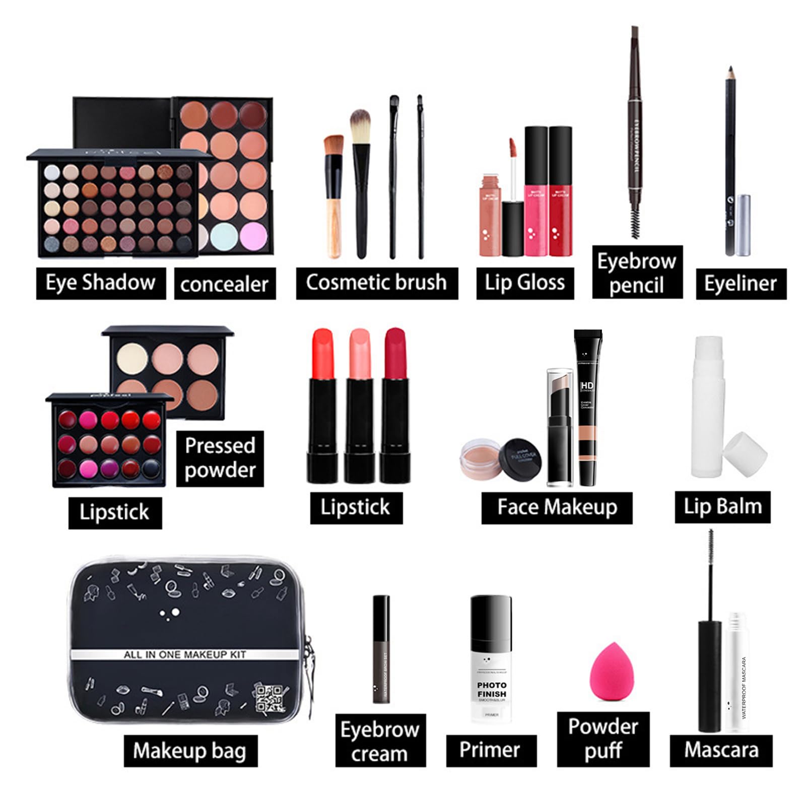 Set Trucchi Make Up Completo Donna Cosmetico Kit Viaggio per Occhi, Viso e Labbra - Sorpresa Regalo Trousse di Trucchi con Ombretto Eyeliner Mascara Correttore Rossetto Lucidalabbra