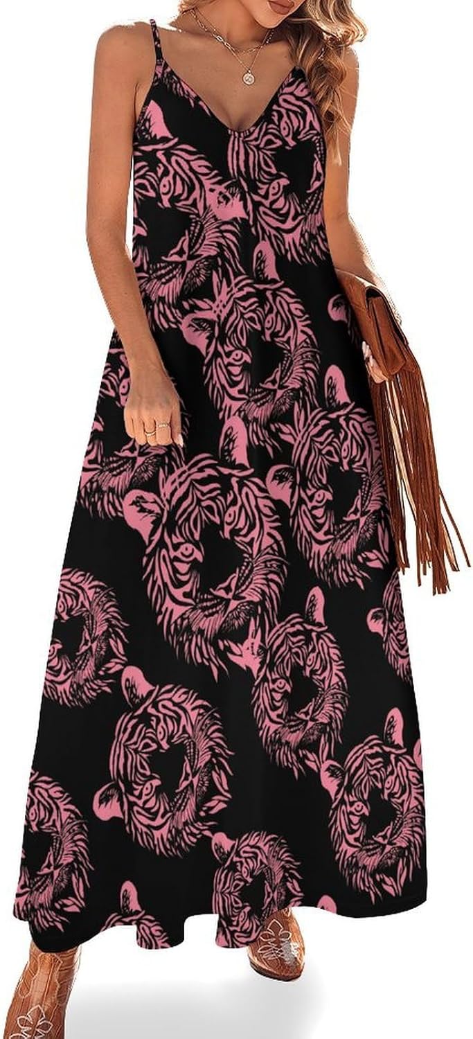 Tiger Face Maxi Dresses for Women V Neck Long Dress Sundress Spaghetti Straps Beach Dress