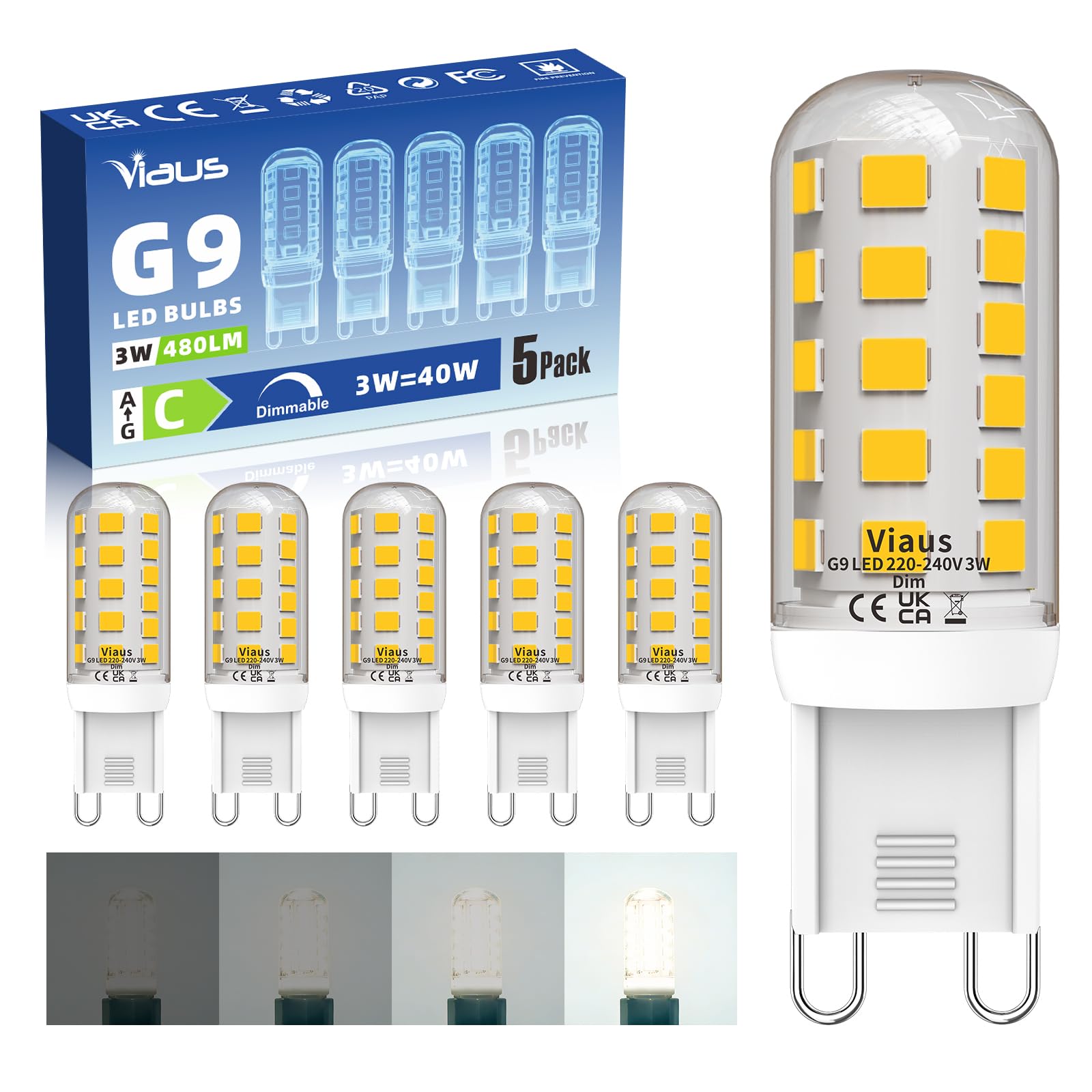 Viaus G9 LED Bulbs Dimmable 3W 4000K Natural White 480LM, 40W Halogen Replacement, Flicker-Free, CRI 80+, Energy Class C, 220–240V, 15.5x51mm, Pack of 5