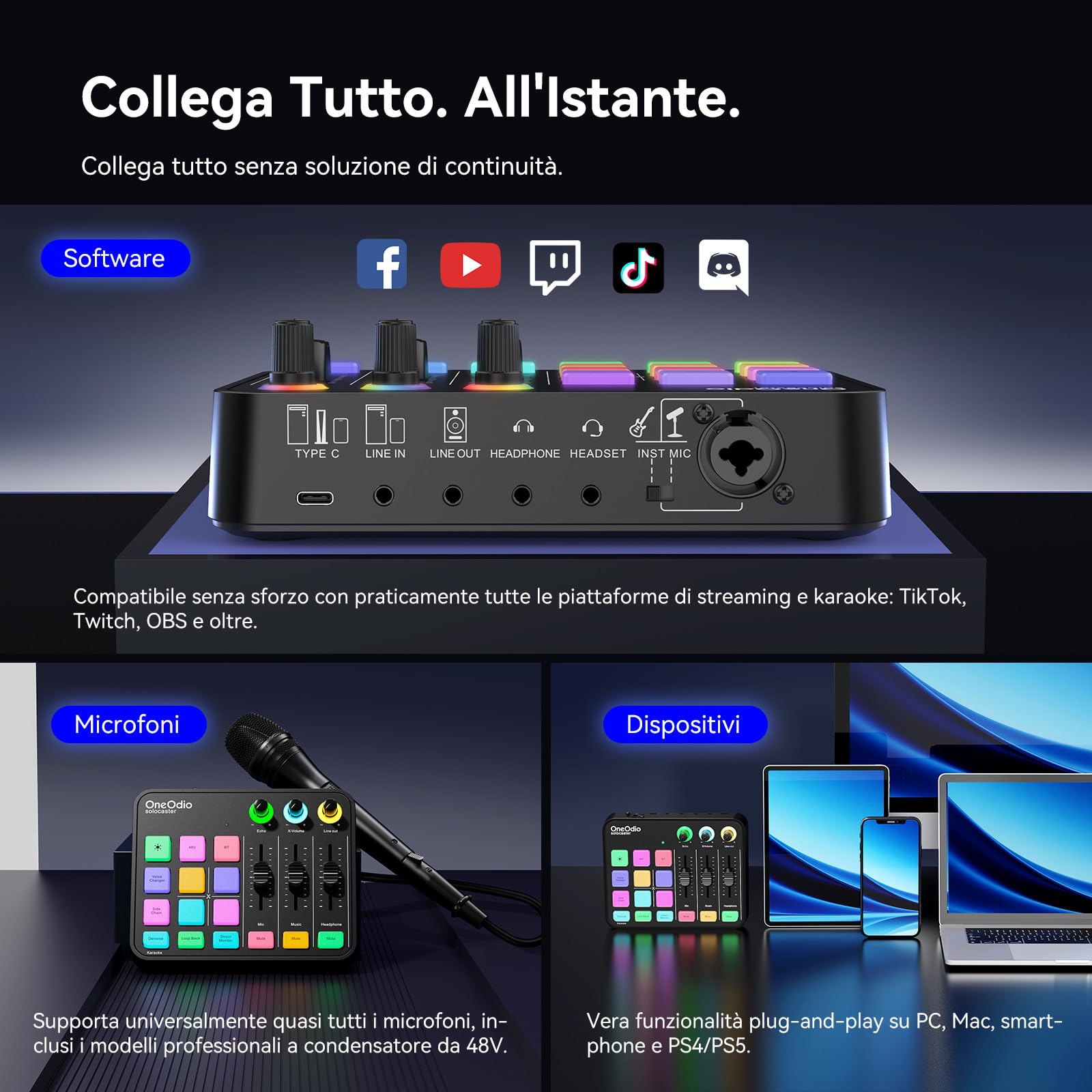 OneOdio Solocaster Gaming Audio Mixer - Interfaccia a 5 Canali con Alimentazione Phantom 48V, Bluetooth, Illuminazione RGB, 3.5mm/XLR/USB C, per Streaming/Podcast/Karaoke su PC, Mac, Mobile