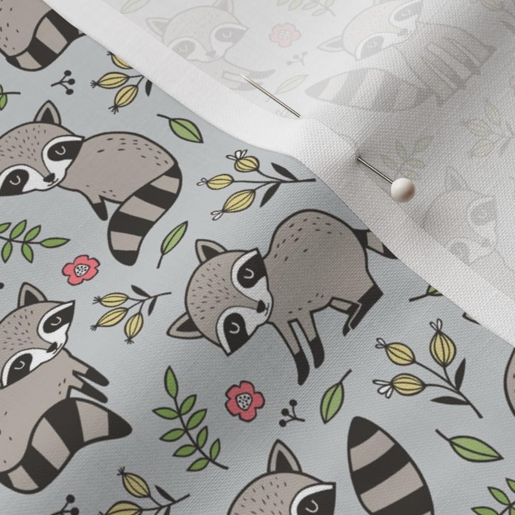 Spoonflower Fabric - Raccoon Leaves Flowers Light Gray Smaller Raccoons Woodland Fall Printed on Petal Signature Cotton Fabric by The Yard - Sewing Quilting Apparel Crafts Decor