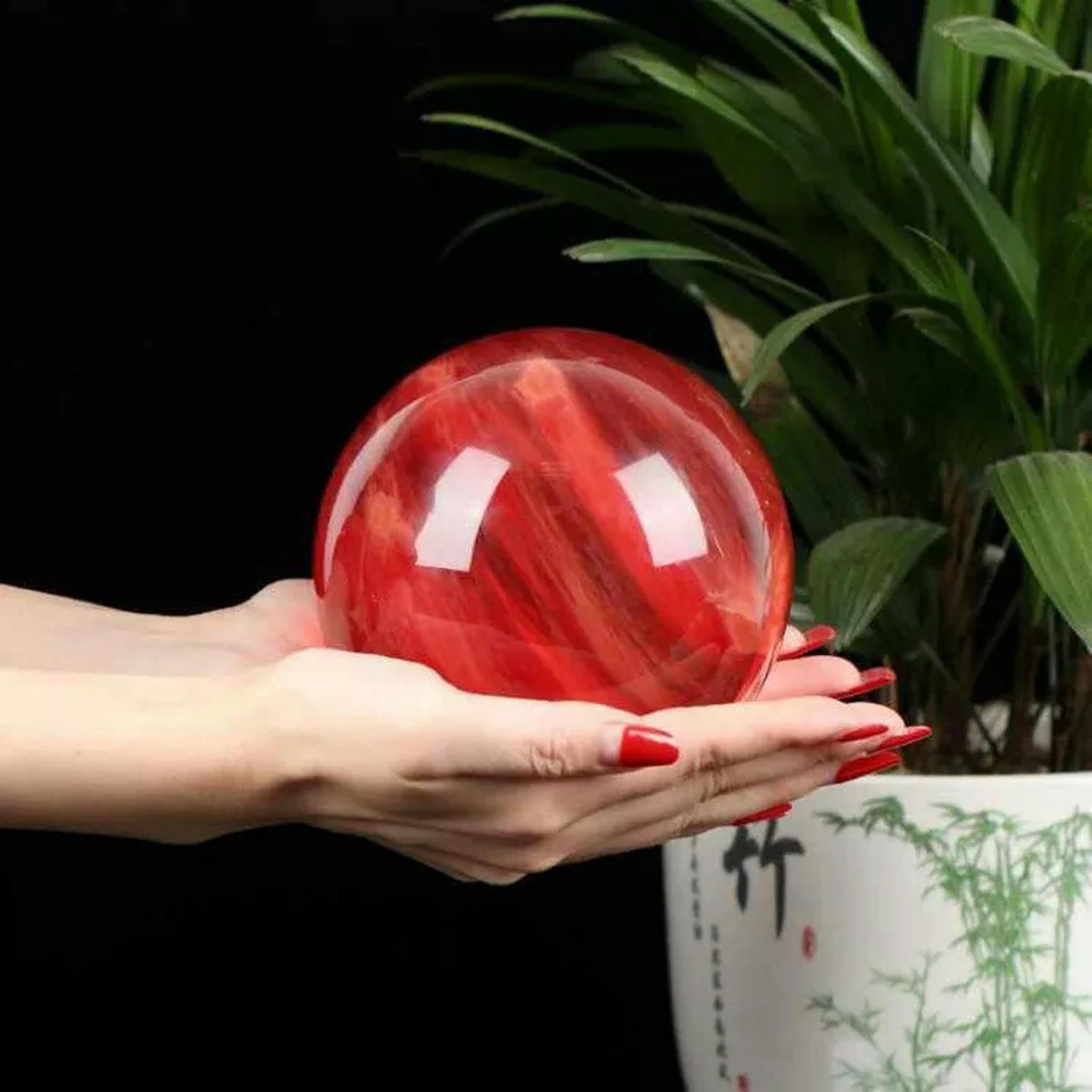 Sfera di Quarzo Rosso Grezzo Naturale da 80 mm, Sfera di Cristallo con Supporto