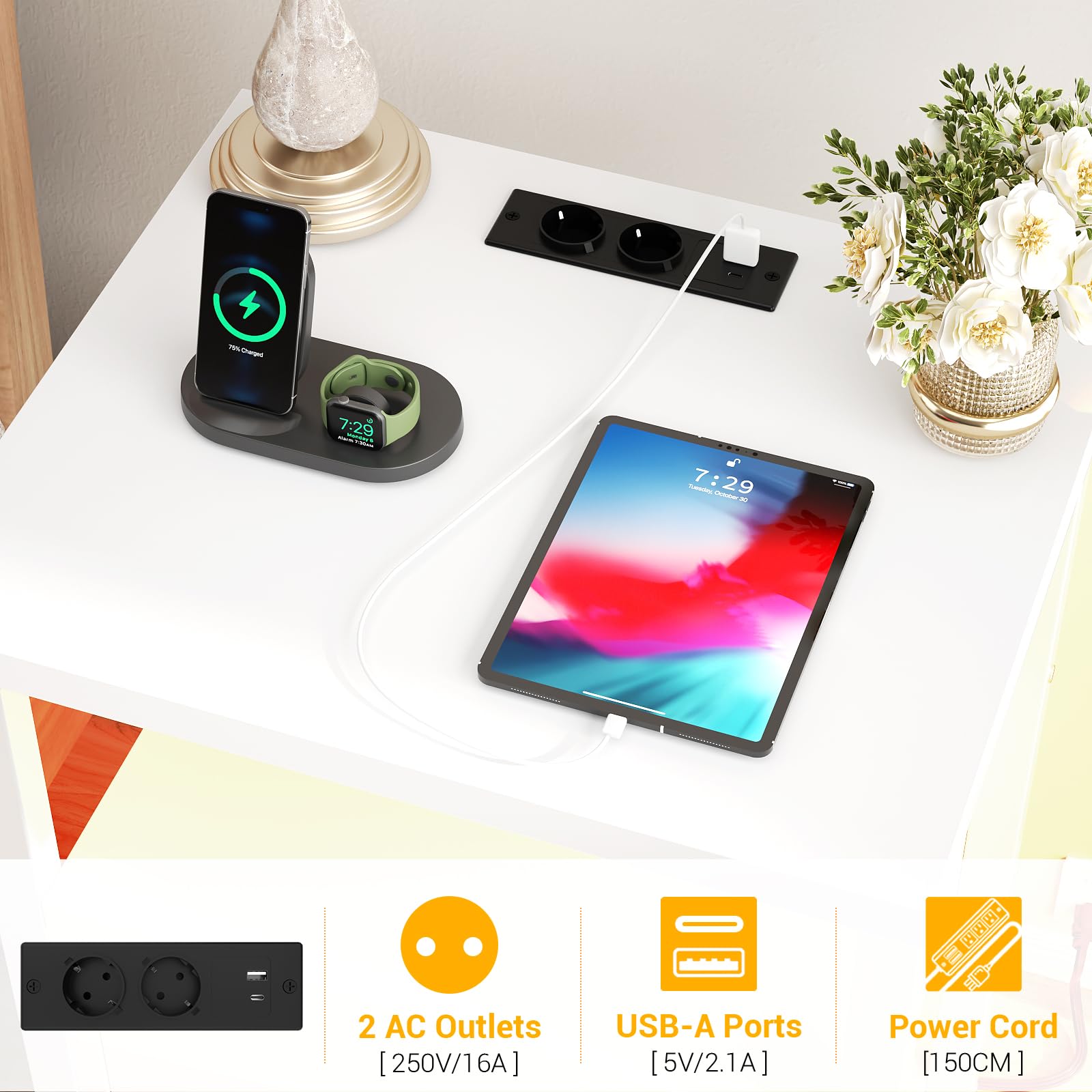 iSunirm Table de Chevet avec LED, Table de Nuit en Bois avec Station de Charge, Chevet avec Tiroirs en Bois, Meuble de Chevet pour Chambre et Salon, Blanc