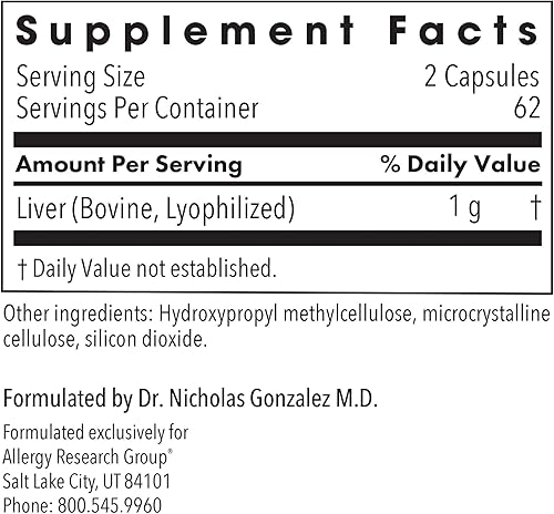 Miniatura 3 de Allergy Research Group Suplemento de hígado de res – Apoyo a la función hepática, cápsulas de carne alimentada con pasto de 1000 mg, vitaminas