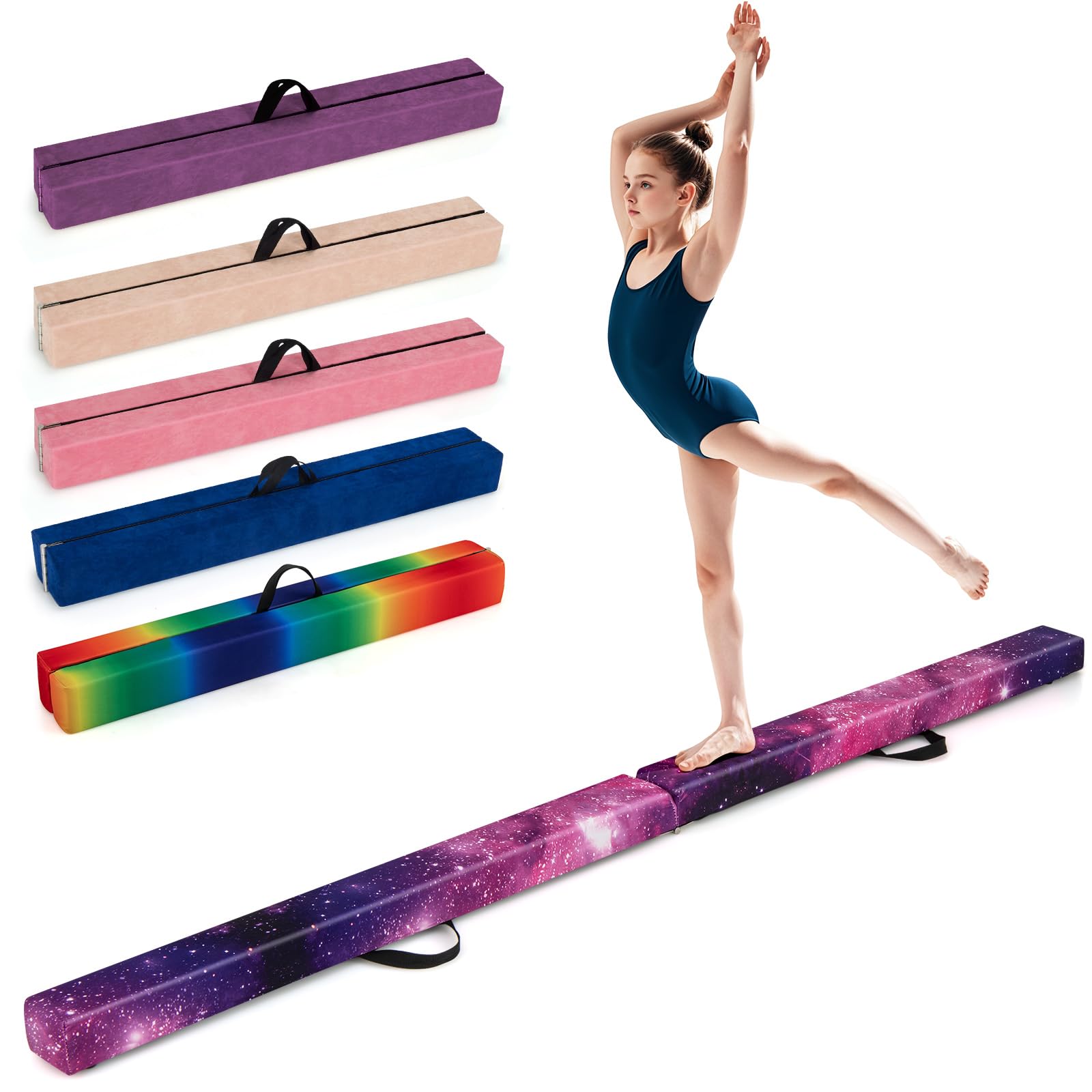 COSTWAY Folding Gymnastics Balance Beam, 7FT/8FT/9FT Kids Training Beam with Carry Handles, Anti-Slip Base, Floor Gymnastics Beams for Home Gym Exercise (Magic Star, 240cm)