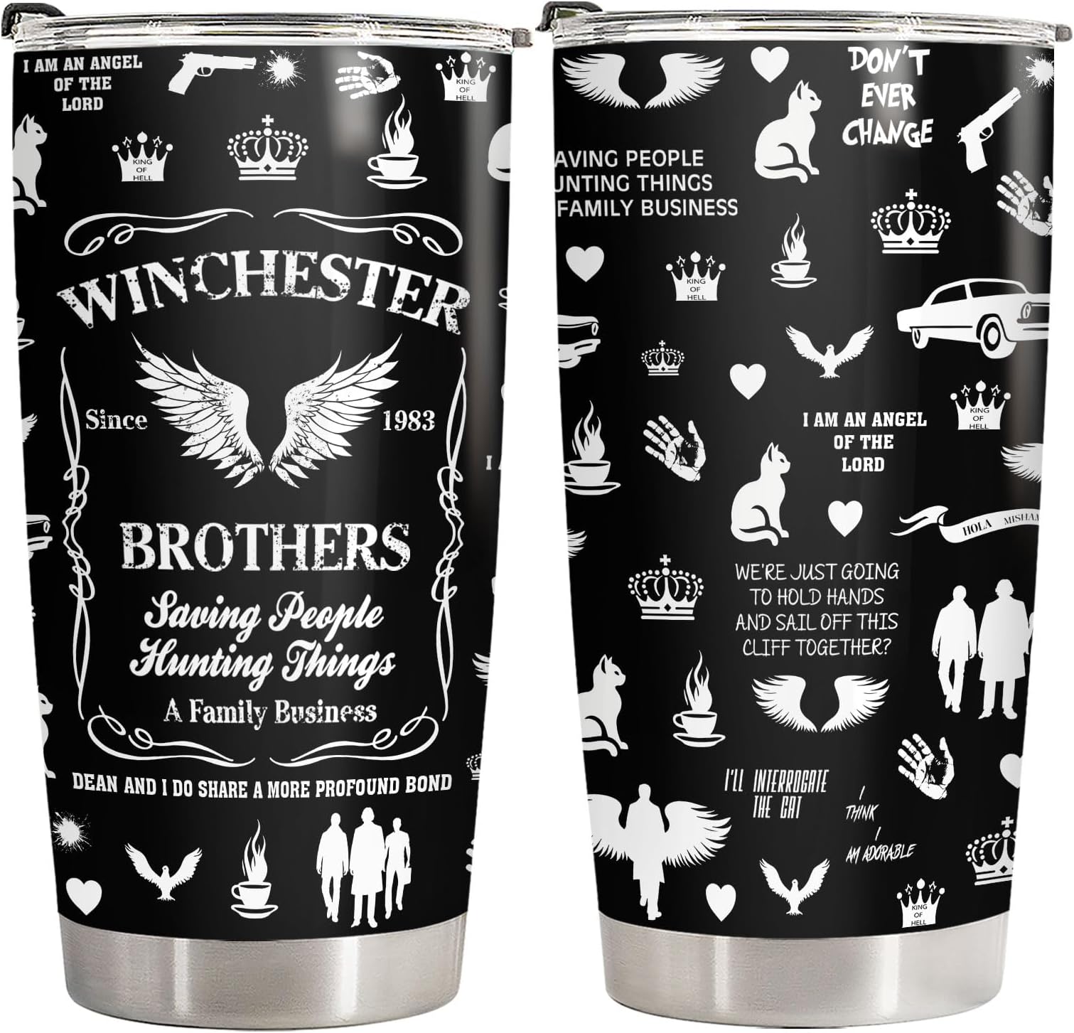 34HD Demon Hunter Brothers Tumbler 20oz, Saving People Hunting Things Quote Mug, Mystery Super Style Travel Coffee Cup - Birthday Present for Men & Movie Fans