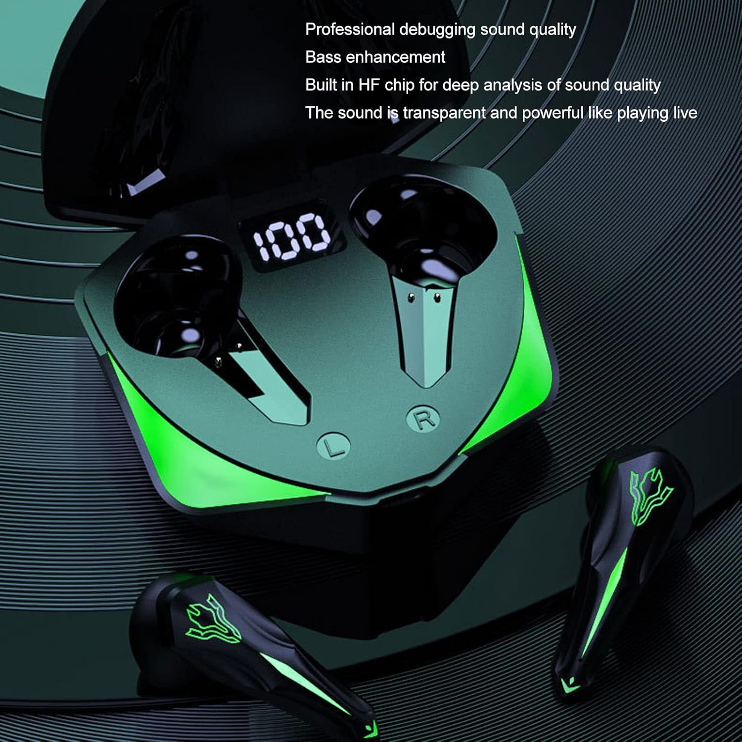Wireless Game Earbuds, HF Chip HD Calling 7 Color LED Light 45Ms Low Latency Bluetooth 5.1 Gaming Earphones with Charging Case, Bass Enhancement Stable Transmission for Work(Hulk)