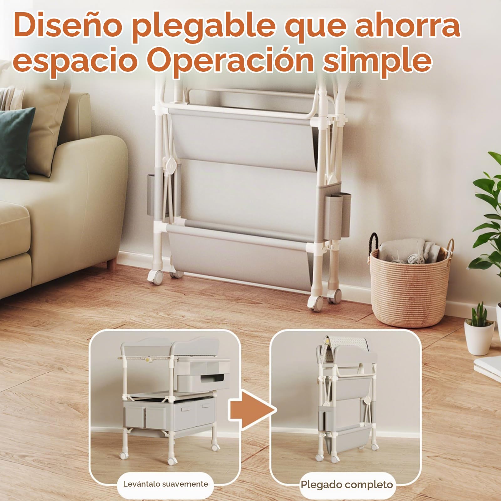 Cambiador Bebé, Cambiador bebe Plegable Portátil con Cesta Lateral, Altura Ajustable de 5 niveles, Ruedas Bloqueables, Organizador Multifuncional para Habitación Infantil, Carga 65kg (Gris)