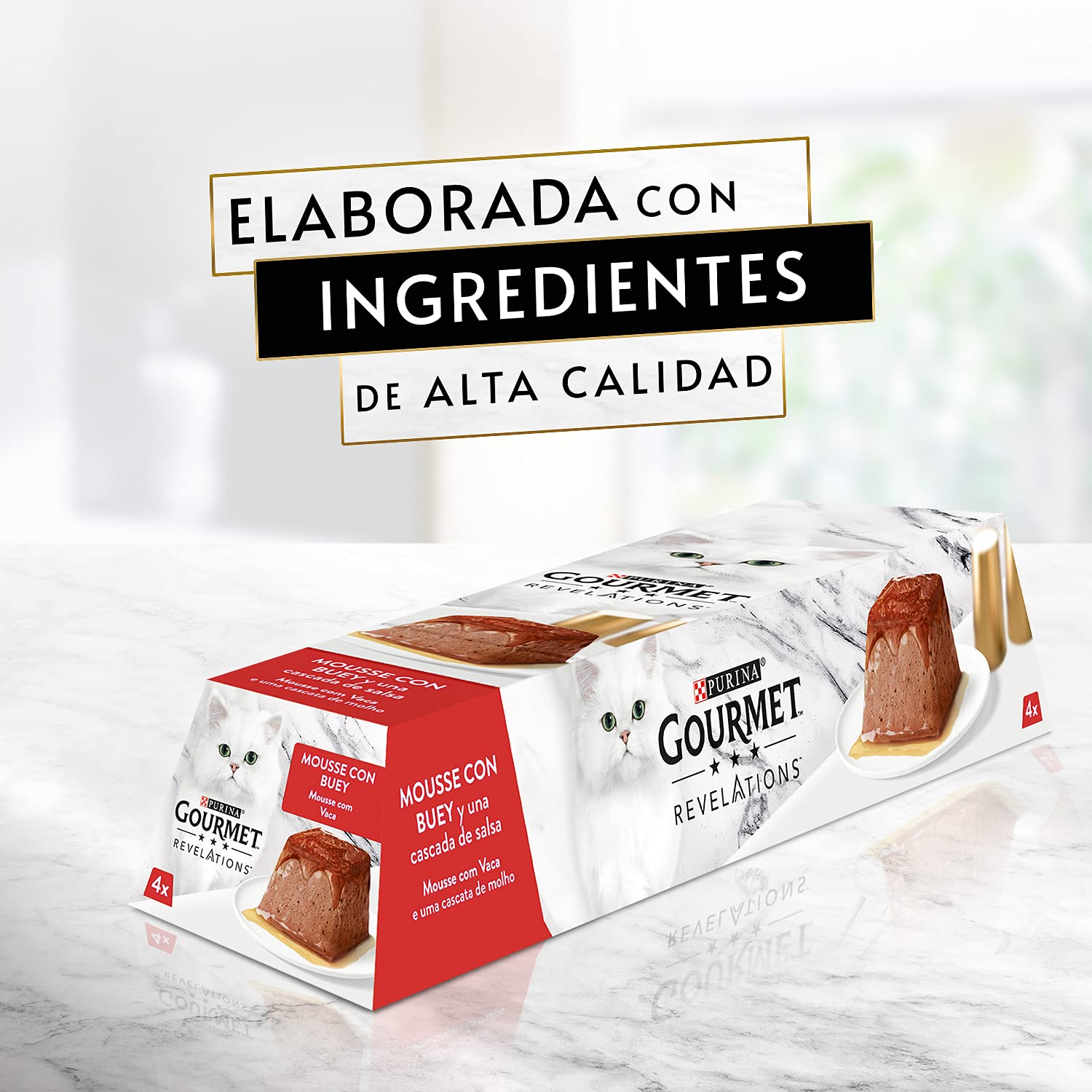 Gourmet Purina Revelations Mousse con salsa, cibo umido per gatti bue, 6 confezioni da 4 piramidi 57 g - 24
