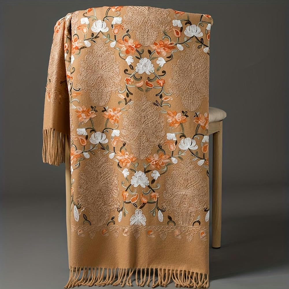 SYJYM Châle en Cachemire brodé à Fleurs de Style bohème Luxueux, fabriqué à la Main, Polyvalent, Grande écharpe, Bords à Pompons, Laine Ethnique Lierre