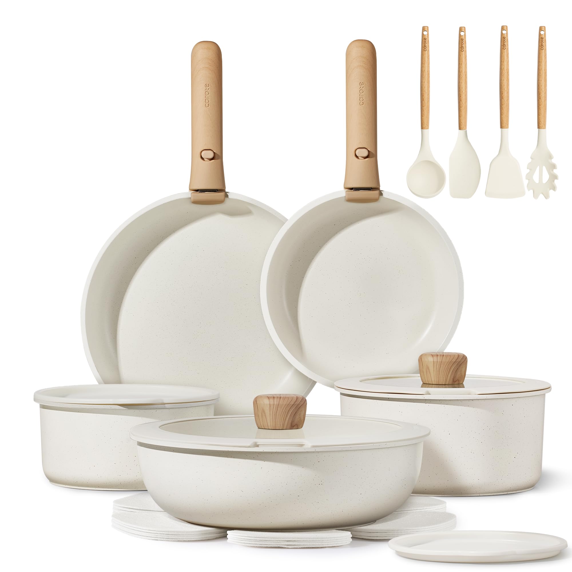 CAROTE 19pcs Pots and Pans Non Stick, Cookware Sets Detachable Handle, Induction Kitchen Pots and Pans,NonStick Cooking Set, Oven/Dishwasher/Fridge Safe, Space Saving