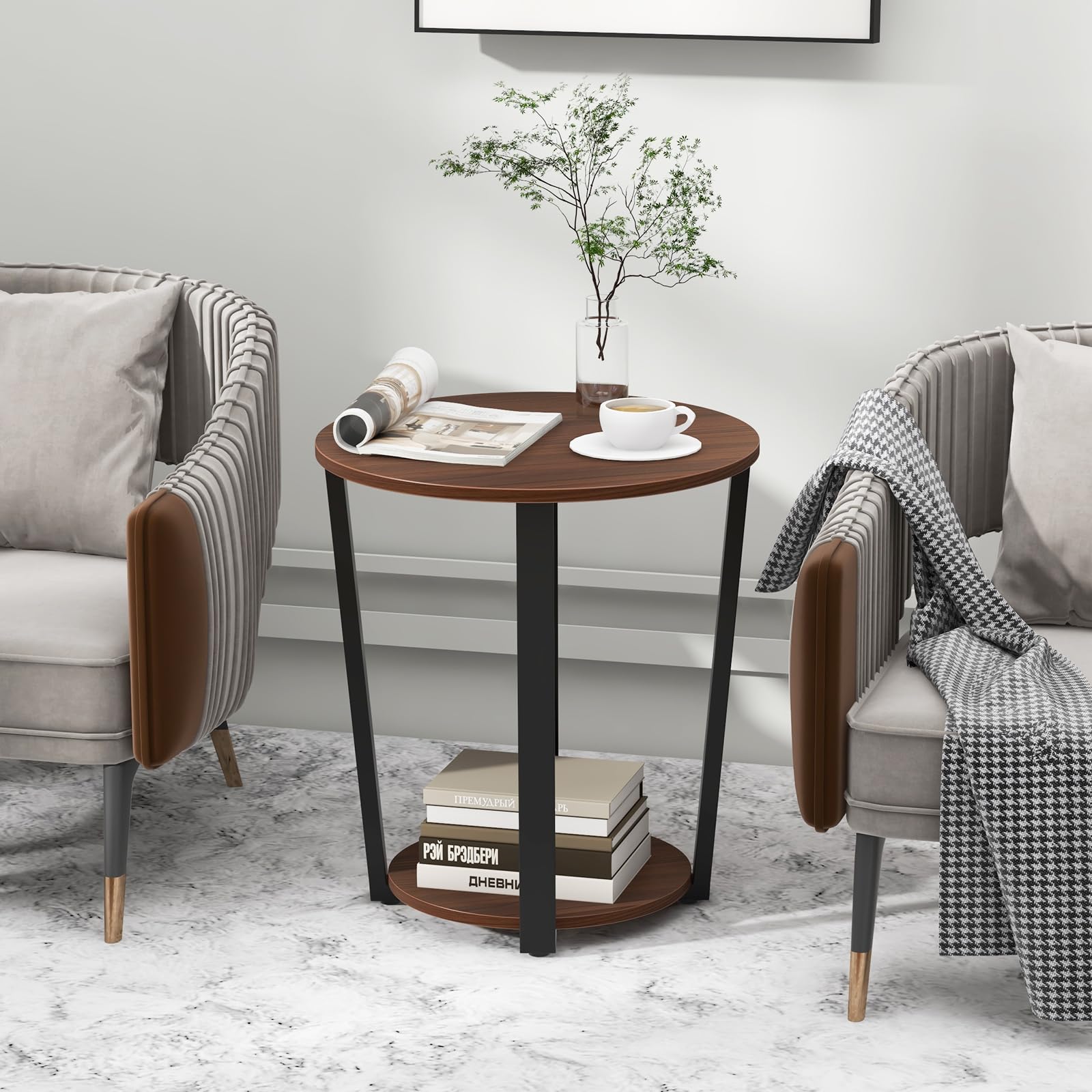 GIANTEX Tavolino ausiliario a 2 livelli, 50 x 50 x 56,5 cm, comodino rotondo con ripiano aperto e telaio in metallo, tavolino da caffè in stile industriale per soggiorno, camera da letto (Nogal)