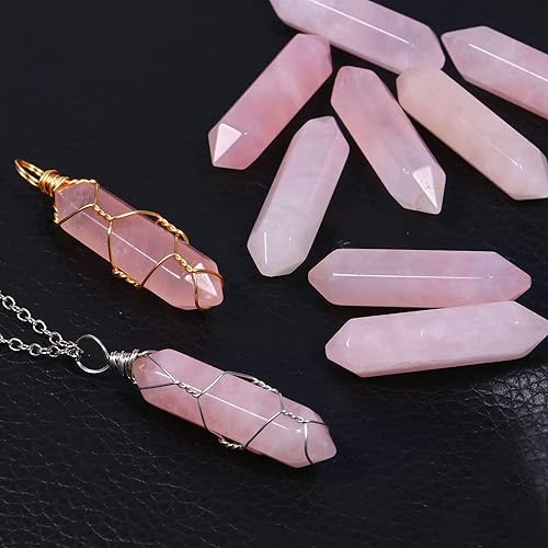 Miniatura 6 de 10 piezas de cristal de cuarzo rosa con punta de cuarzo rosa hexagonal curativo Reiki piedra colgante a granel para fabricación de joyas