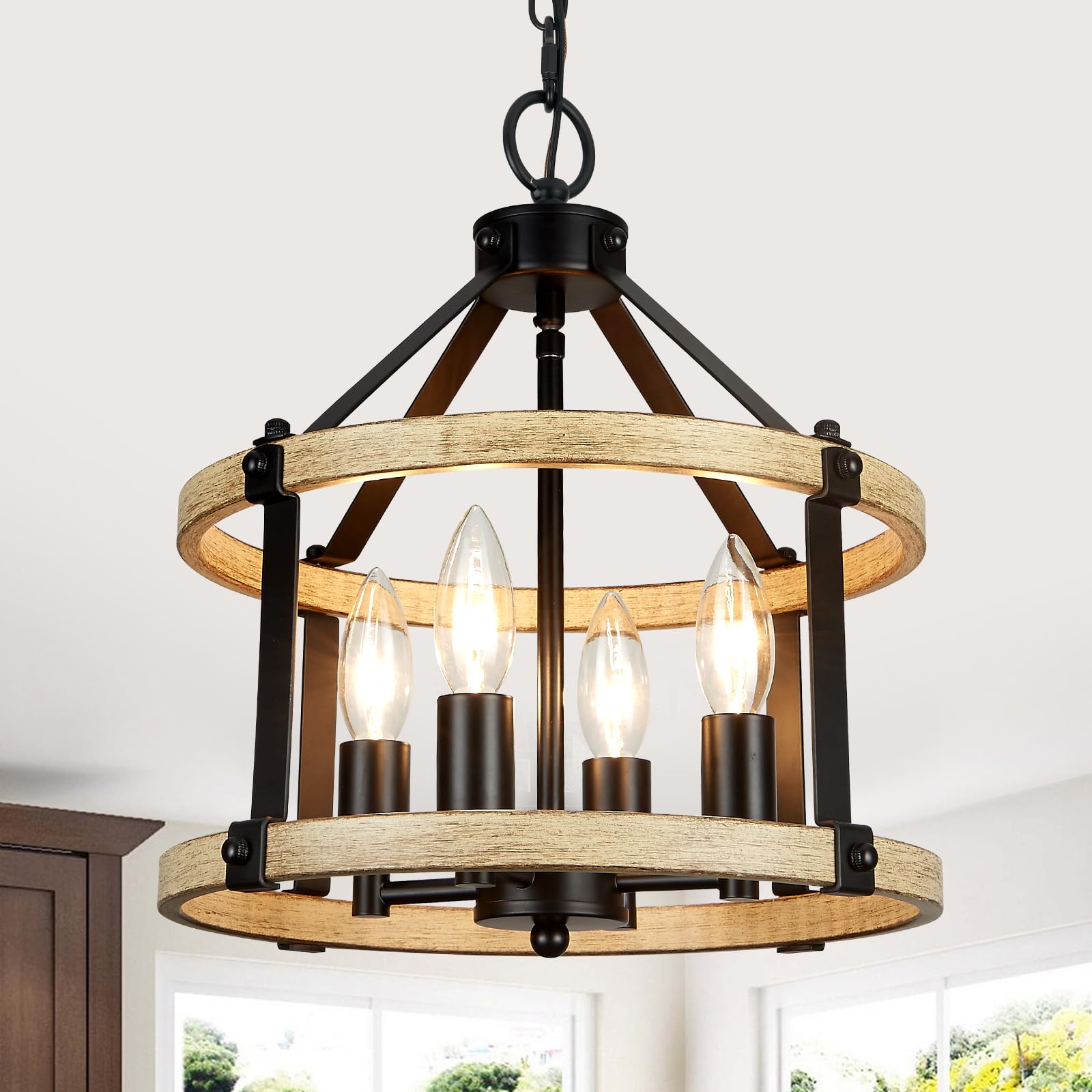 4-Light Farmhouse Chandelier, 12.5 Inch Rustic Black and Vintage Wood Finish Chandeliers for Dining Room Light Fixture, Adjustable Height Hanging