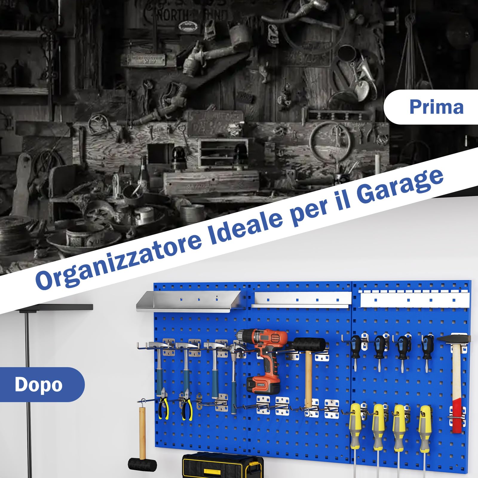COSTWAY Kit 3 Pannelli Porta Attrezzi da Parete 60 x 40 cm, Pannello Forato Portaoggetti con 24 Ganci e Supporti, Pannello Portautensili per Officina e Garage (Blu)