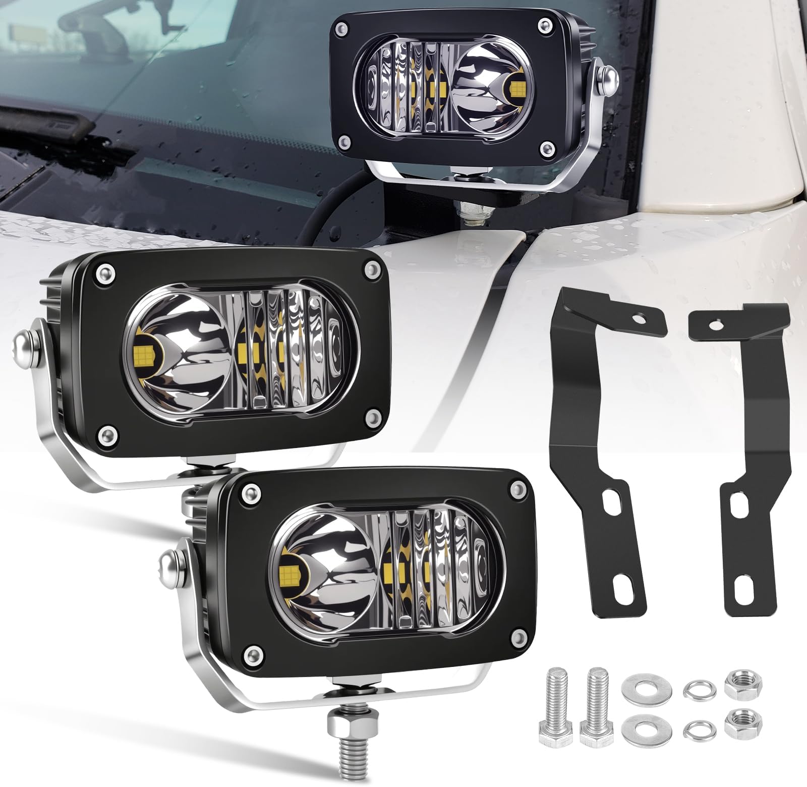 Tacoma Ditch Light Kit with 3" LED Pod Lights & No-Drill Hood Mount Brackets,50W White Combo Cube Pods,IP68 Waterproof for 2005–2015 Toyota Tacoma