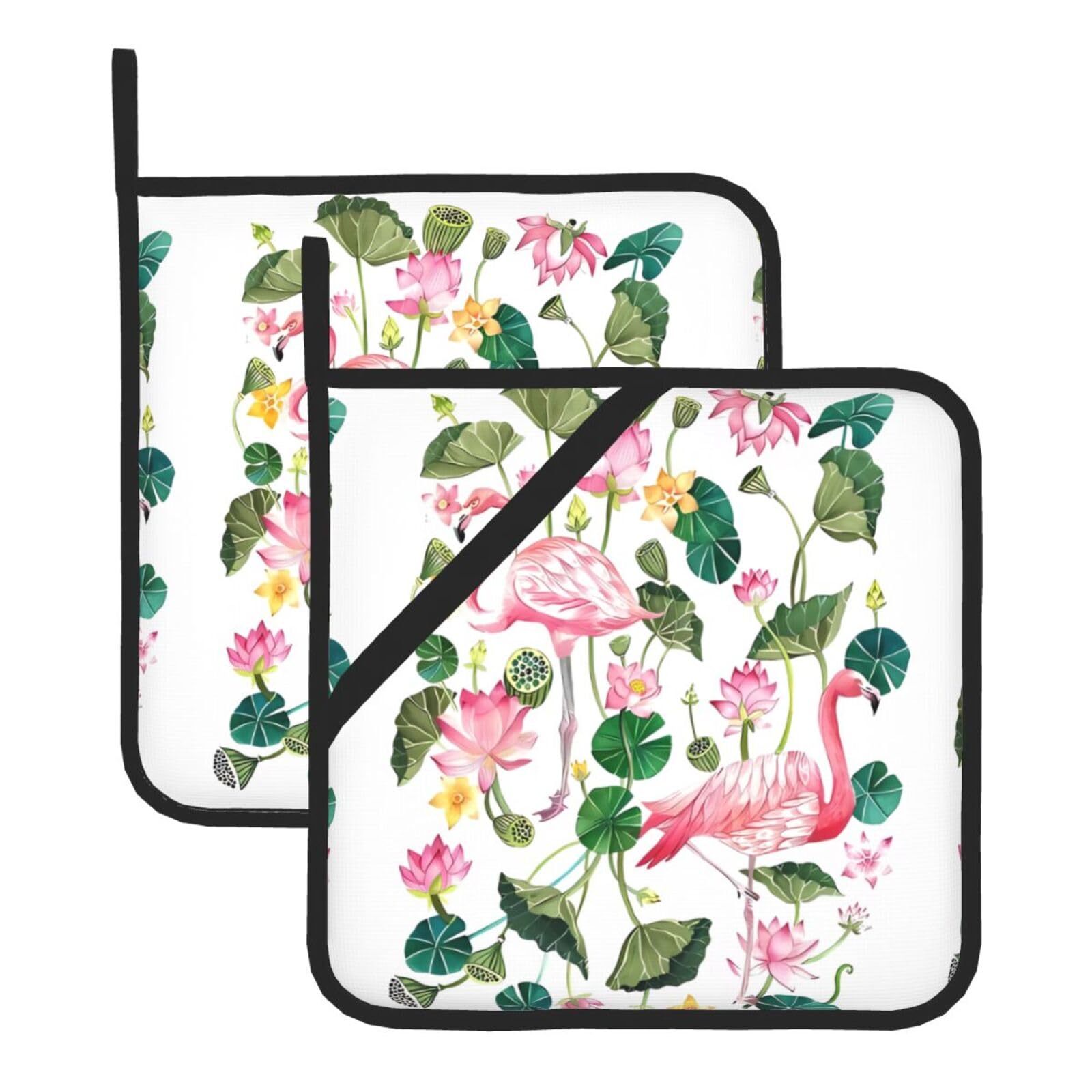 WHJSHOP Flamingo Bird Round Leaves Prints Square Pot Holders - Waterproof Heat Resistant Kitchen Throw Pads for Hot Bowls & Dishes, Durable Oven Mitt Layers with Hanging Loop - Set of 2