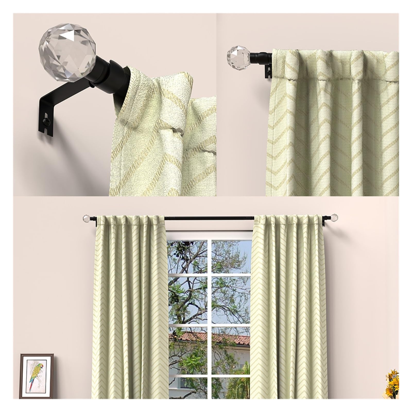 Tringles à Rideaux Noires épissées en Fer de 0.63 Pouces/tiges Romaines, tête décorative Style Cristal Transparent, Ensemble Supports Tringle Adapté aux familles(66 Inches-120 inches)