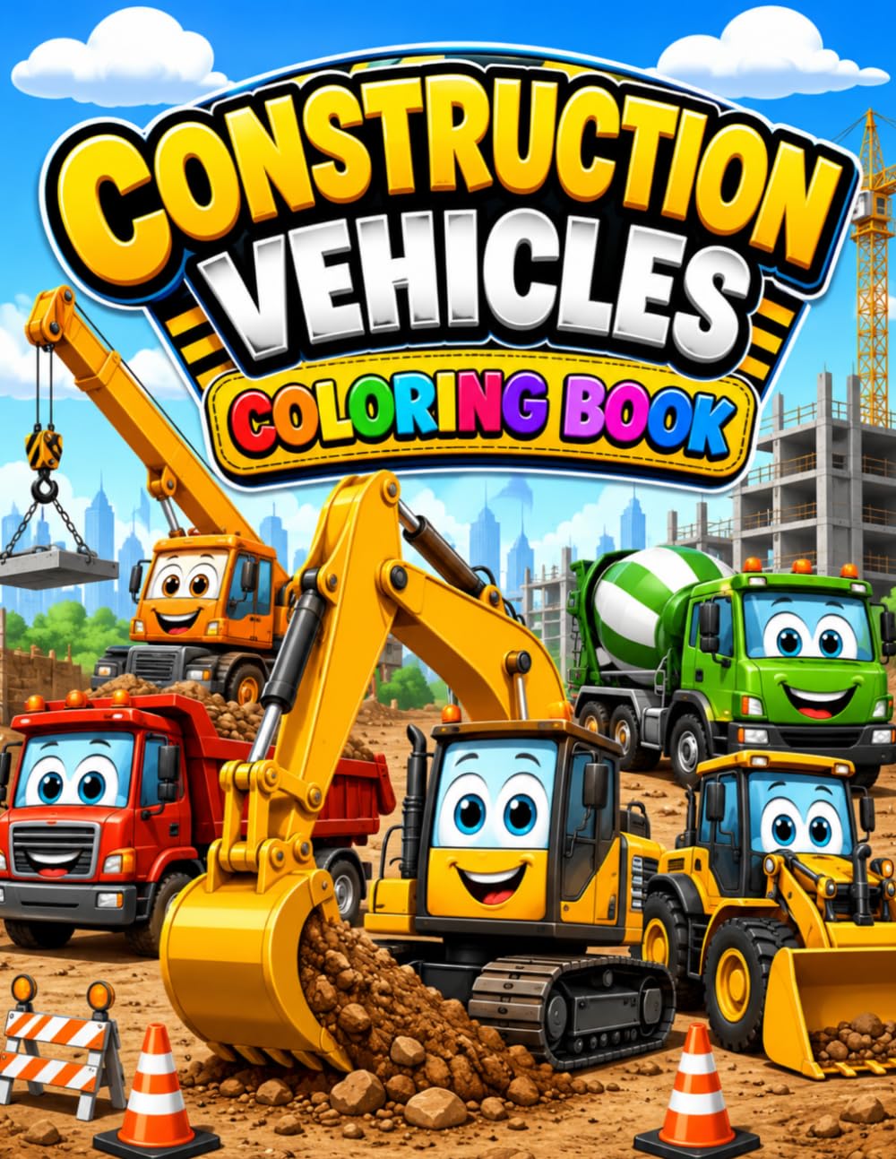 Construction Vehicles Coloring Book for Kids Ages 3-8: 40+ Fun and Easy Coloring Pages Featuring Excavators, Bulldozers, Dump Trucks, Cranes, Forklifts, Cement Mixers and More!
