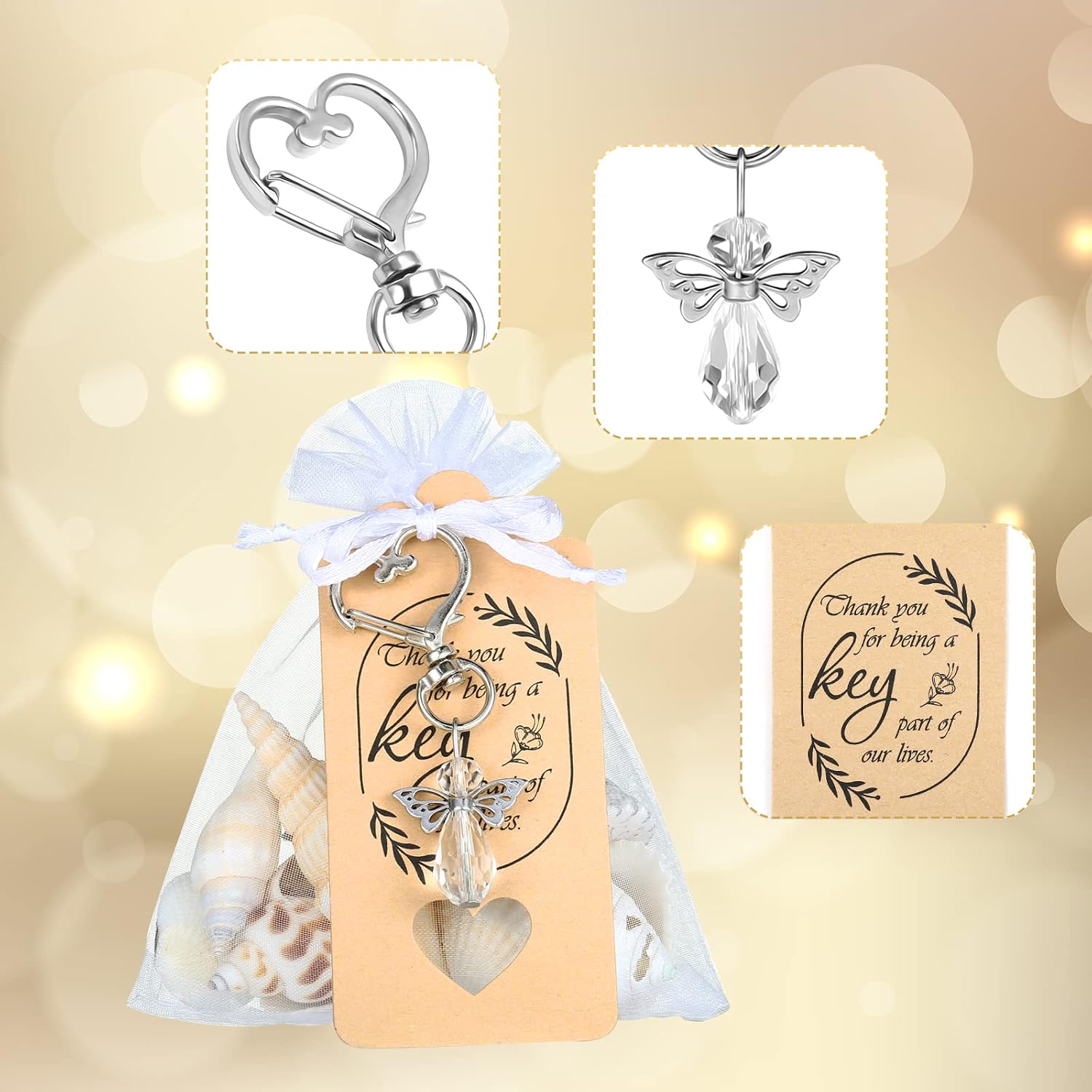 GWHOLE 30 Set of Crystal White Angel Keychain Favors Set, Angel Wing Pendant Keychains Bulk with Thank You Tags Drawstring Organza Bag Guest Return Gifts for Baptism Favors, Baby Shower, Wedding