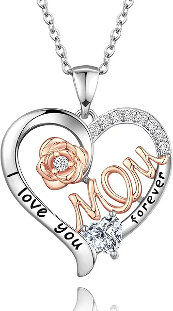 S925 Sterling Silver Mum Necklace with Rose Flower Heart Pendant - Mother's Day Gift