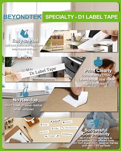 Miniatura 8 de Trabajo para cartuchos Dymo D1 para etiquetadoras 45013 12 pulgadas con recambios de etiquetadora D1 45013s 0.472 in x 9.8 ft negro sobre blanco