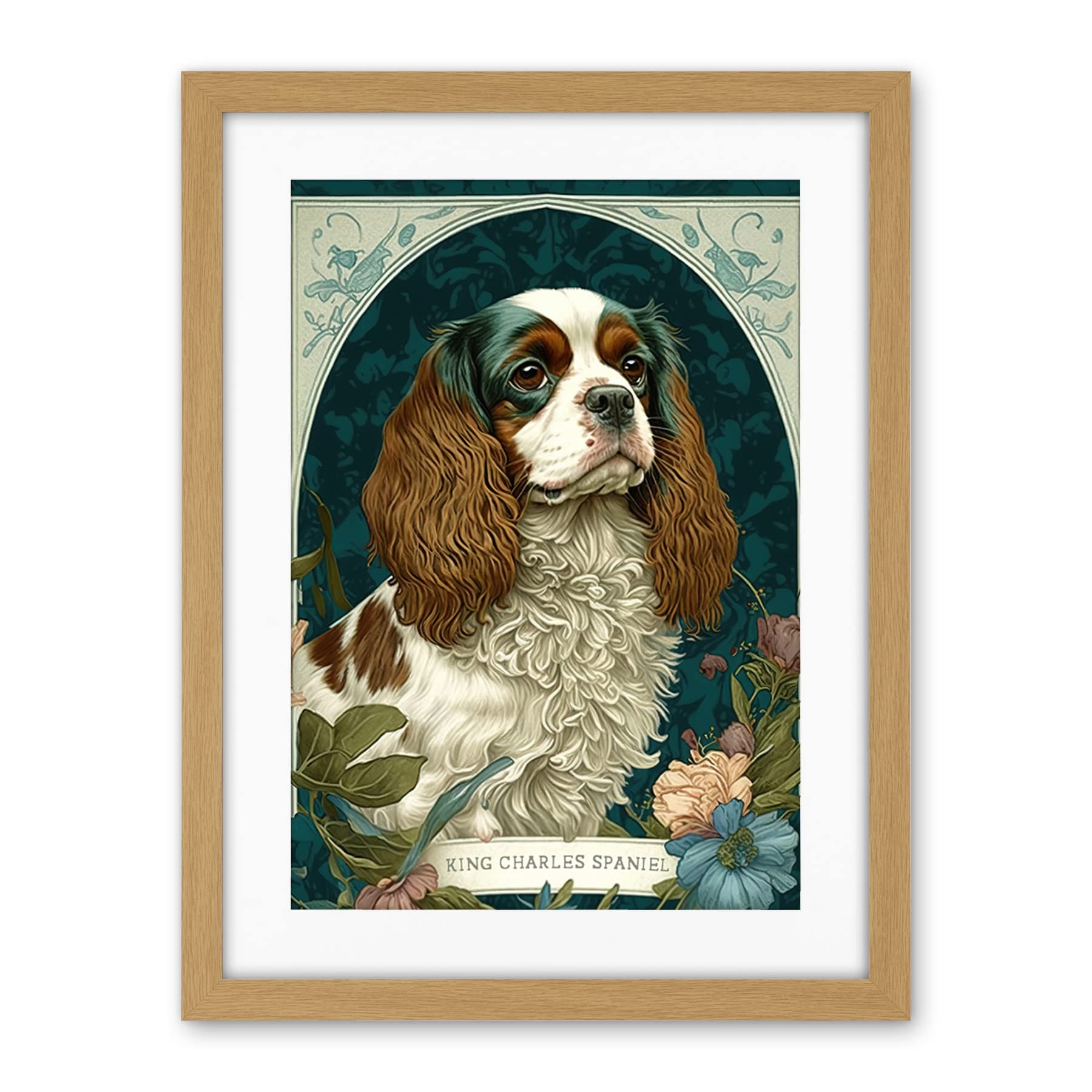 Artery8 King Charles Spaniel Dog with Flower Blooms Modern Art Nouveau Illustration Artwork Framed Wall Art Print 18X24 Inch