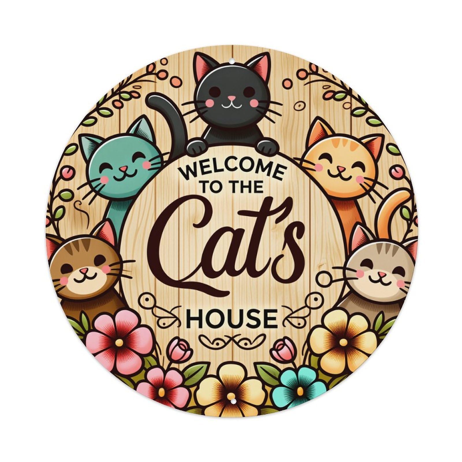 Cats House Welcome Floral Wooden Style Round Tin Sign Vintage Style Metal Sign Home Bar Garden Wall Plaque Decor Metal Poster 8x8 Inch
