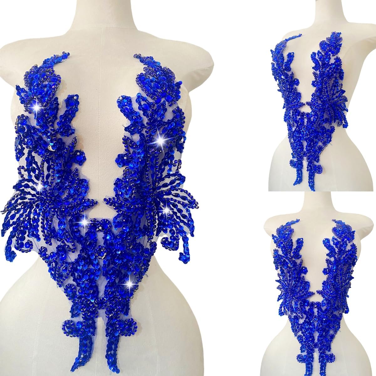 Zbroh Pure Handsewing Rhinestones Applique Multicolor Patch DIY Craft Accessories for Girl Wedding Dress 14X20inches (Blue)